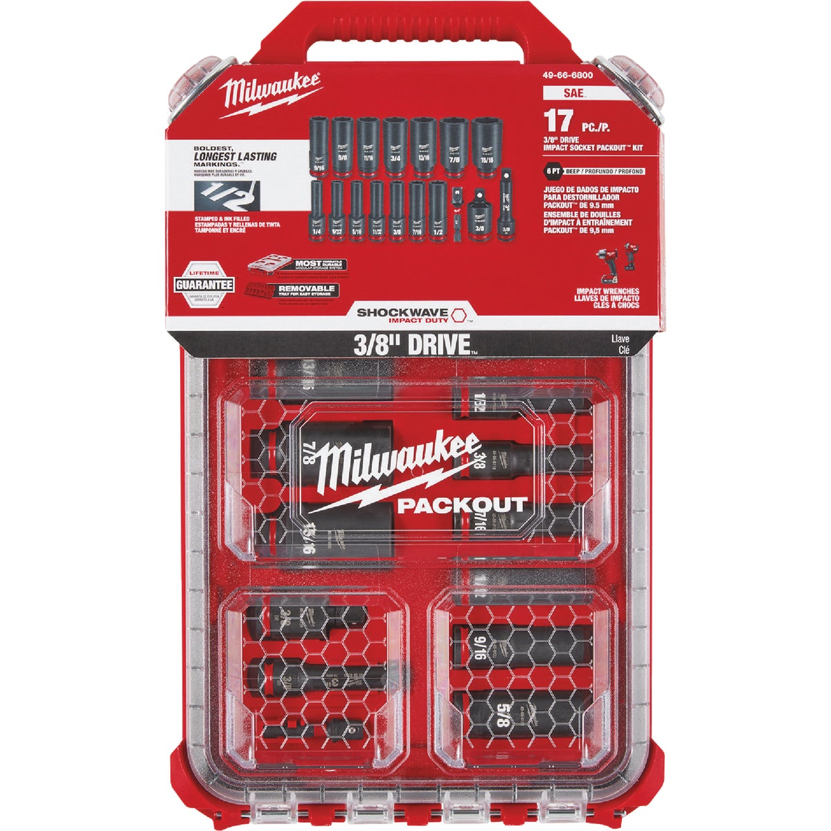 Milwaukee SHOCKWAVE Standard 3/8 In. Drive 6-Point Deep Impact Driver Set with PACKOUT Organizer (17-Piece) Image 5