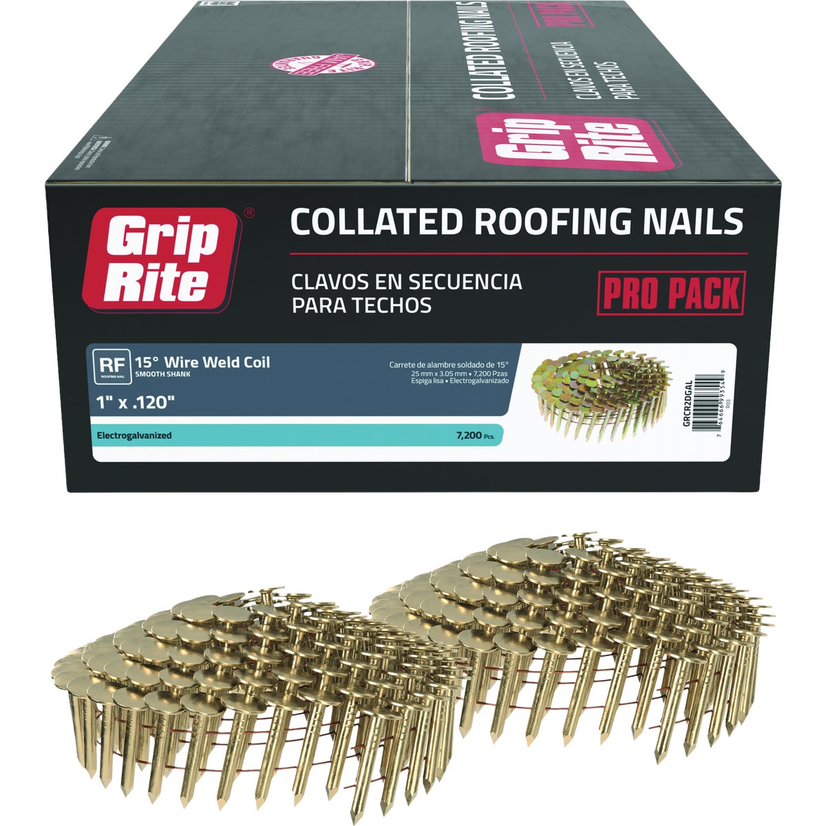 Grip-Rite 1 In. x 0.120 In. 15 Deg. Electrogalvanized Full Round Head Smooth Shank Wire Coil Collated Roofing Nail (7200-Count) Image 1