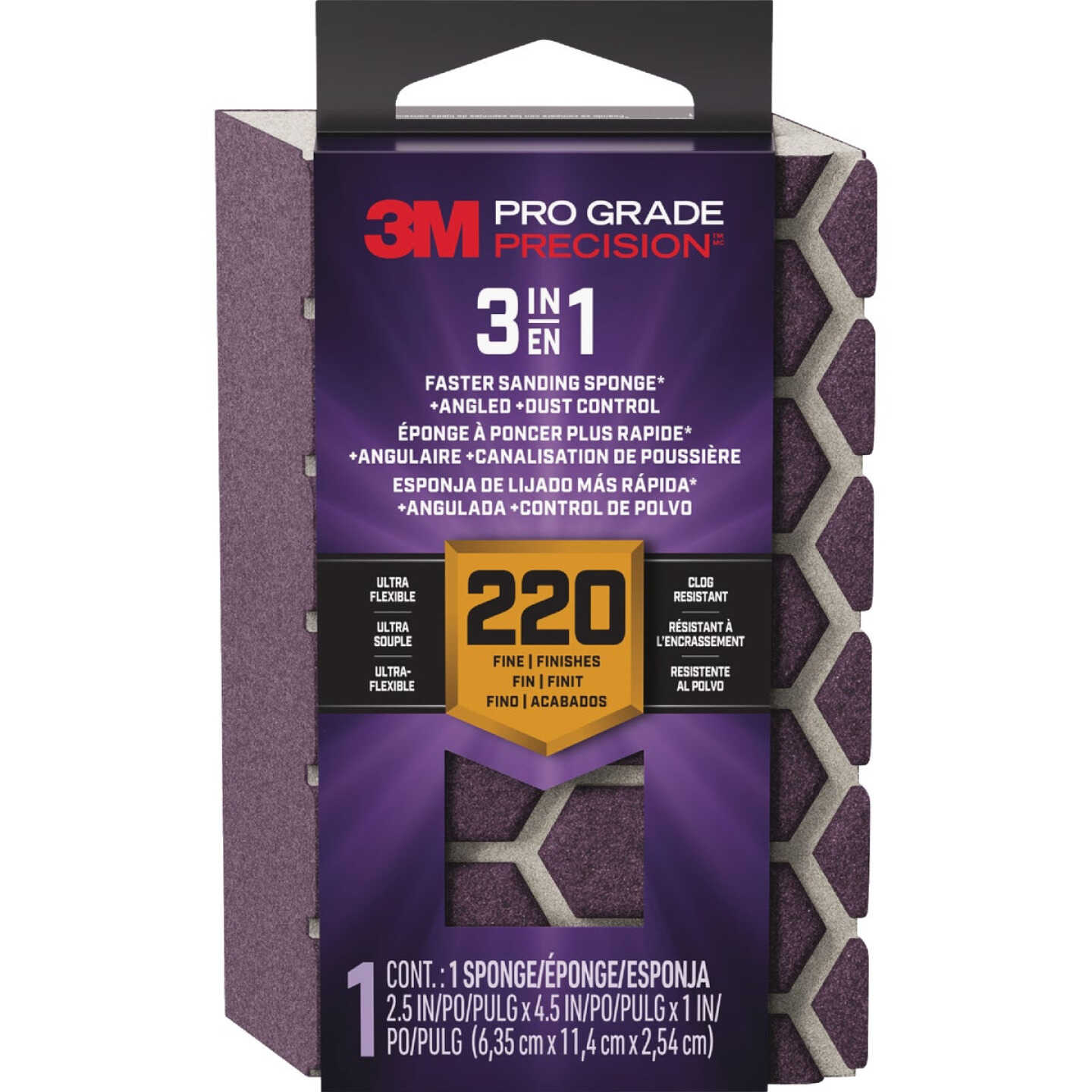 3M Pro Grade Precision 2.5 In. x 4.5 In. x 1 In. 220 Grit Fine 3-in-1 Sanding Sponge Image 1