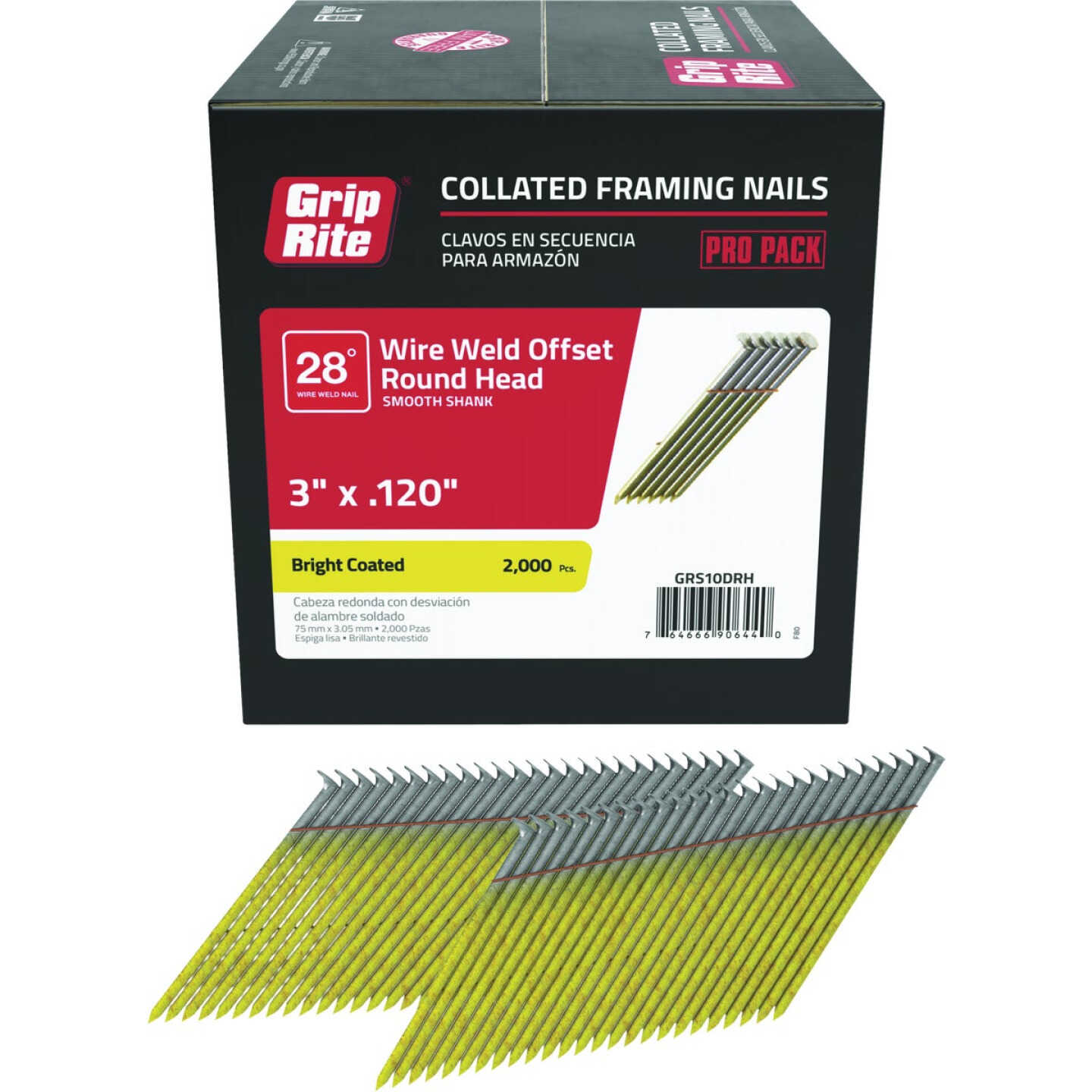 Grip-Rite 3 In. x 0.120 In. 28 Deg. Bright Coated Offset Round Head Smooth Shank Wire Weld Collated Framing Nail (2000-Count) Image 1