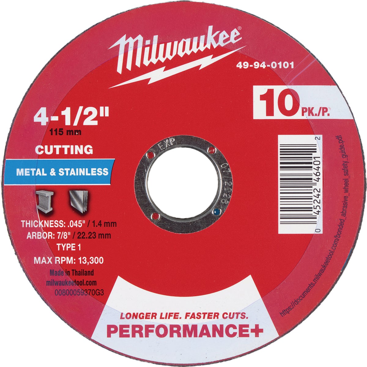 Milwaukee Type 1 4-1/2 In. x .045 In. x 7/8 In. Performance-Plus Metal Cut-Off Wheel (10-Pack)
