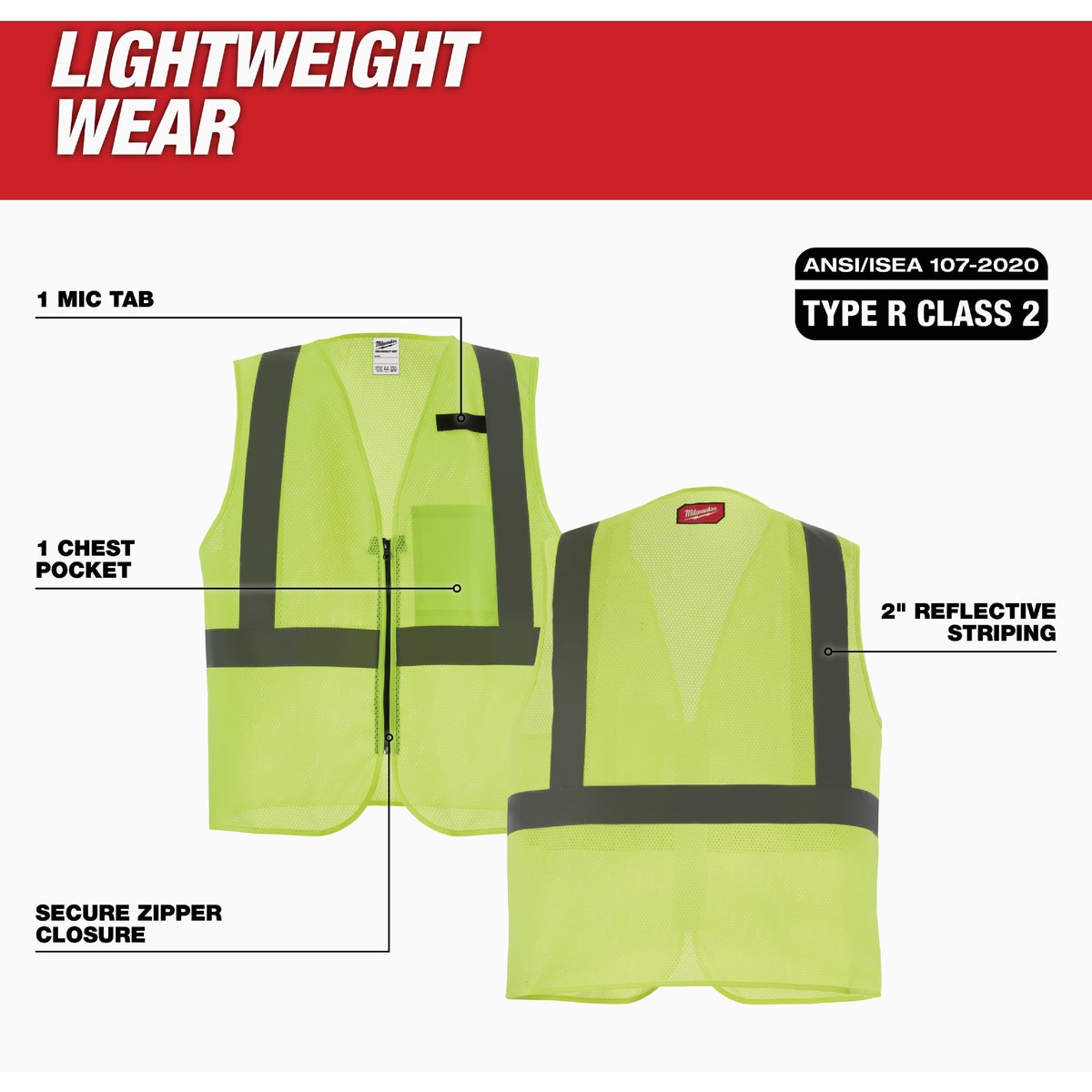Milwaukee ANSI Class 2 High Vis Yellow Mesh Safety Vest, Small/Medium Image 3