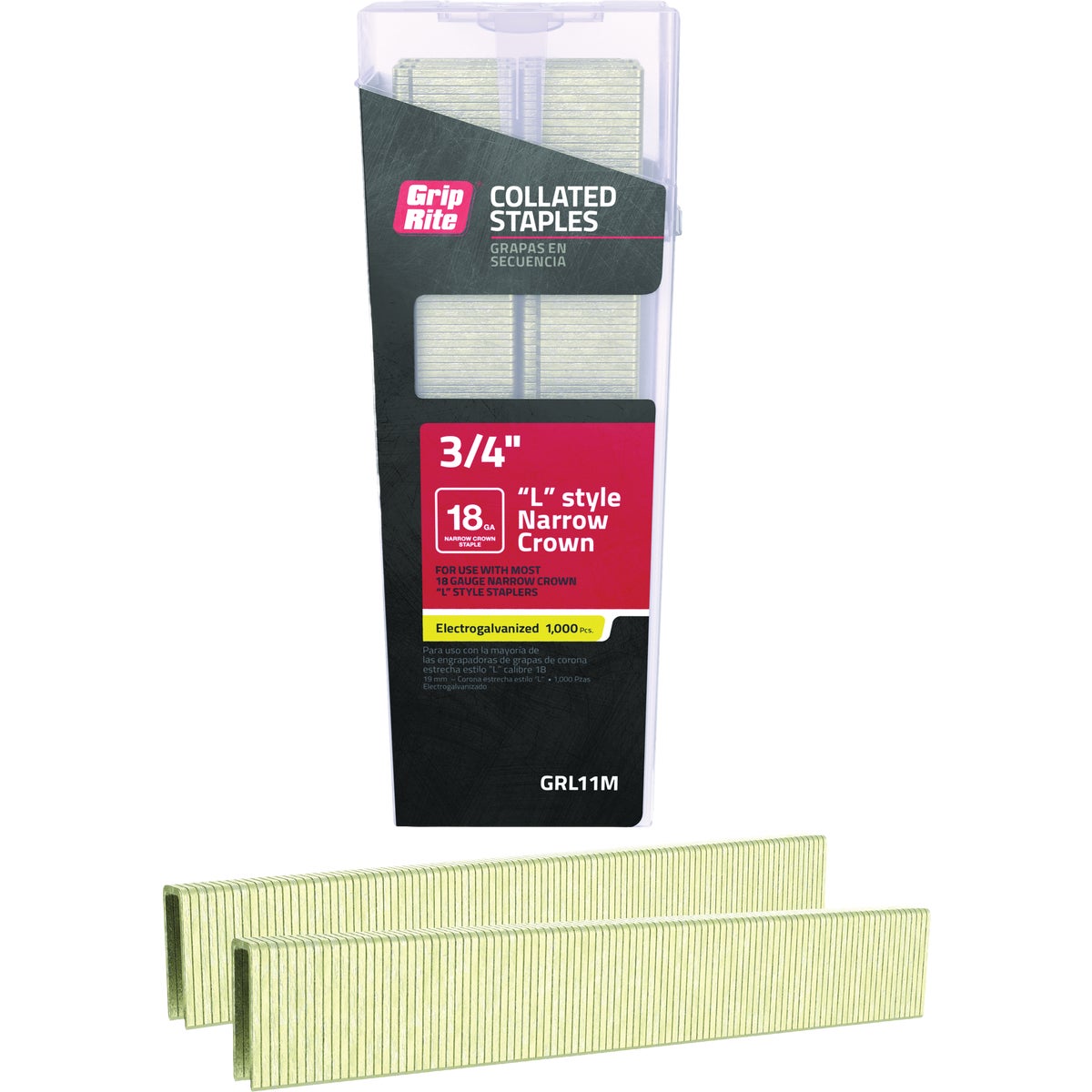 Grip-Rite 1/4 In. x 3/4 In. 18 ga Electrogalvanized L-Style Collated Narrow Crown Staple (1000-Count) Image 1