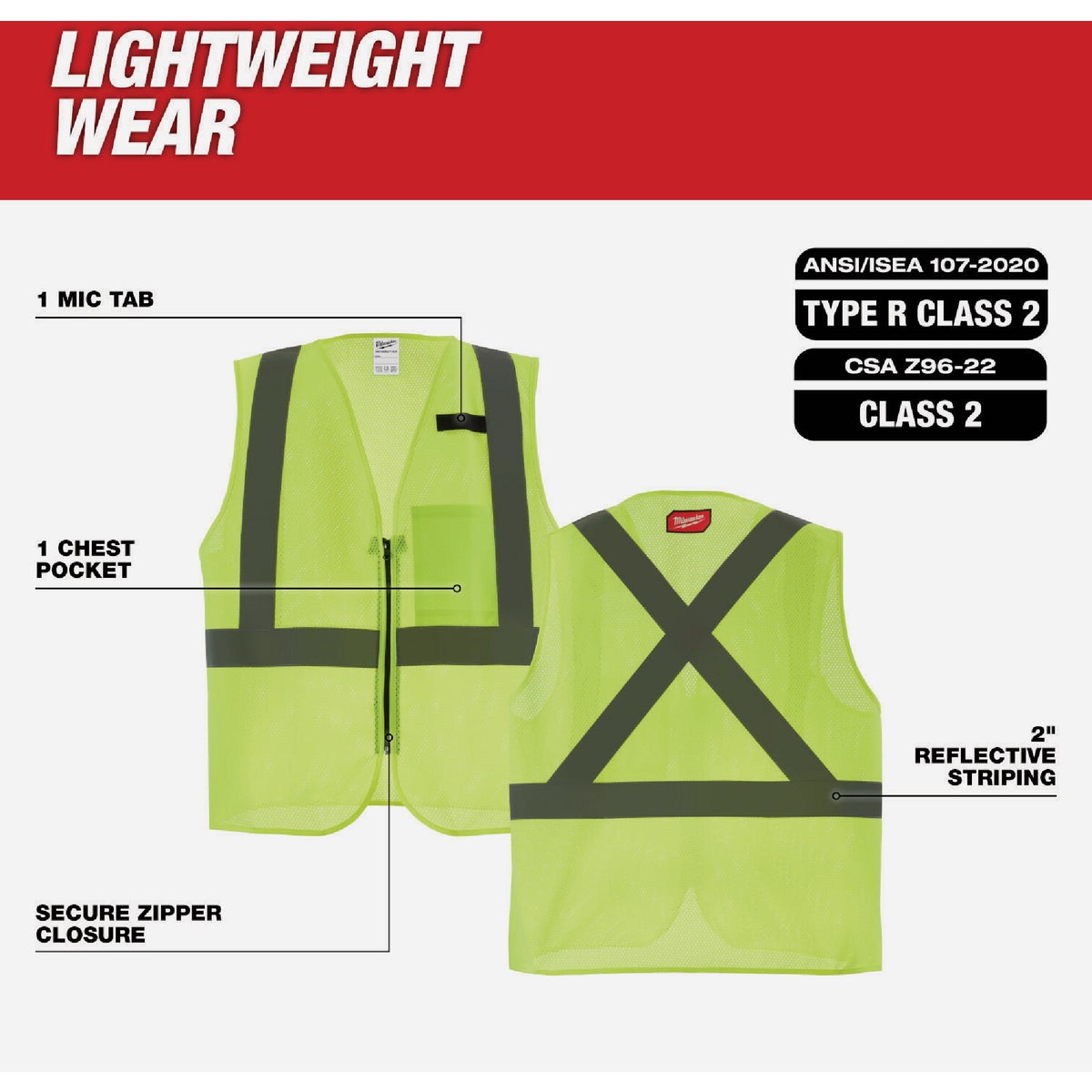 Milwaukee Class 2 High Visibility Yellow Mesh One Pocket Safety Vest, L/XL Image 2