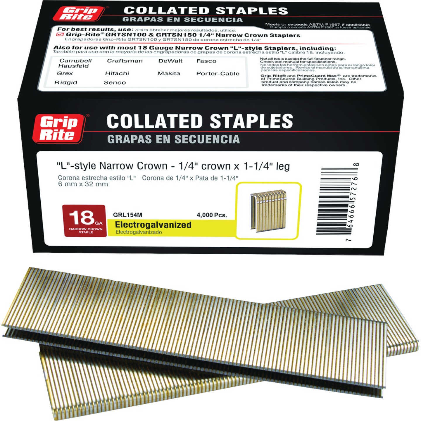 Grip-Rite 1/4 In. x 1-1/4 In. 18 ga Electrogalvanized L-Style Collated Narrow Crown Staple (4000-Count) Image 1