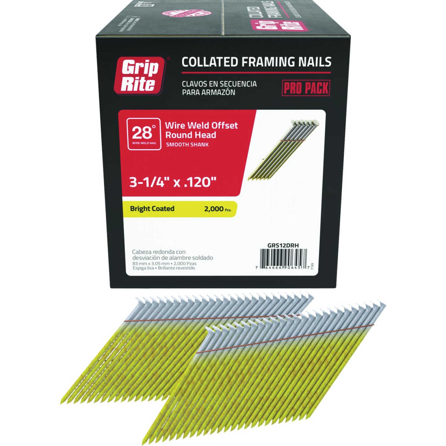 Grip-Rite 3-1/4 In. x 0.120 In. 28 Deg. Bright Coated Offset Round Head Smooth Shank Wire Weld Collated Framing Nail (2000-Count) Image 1