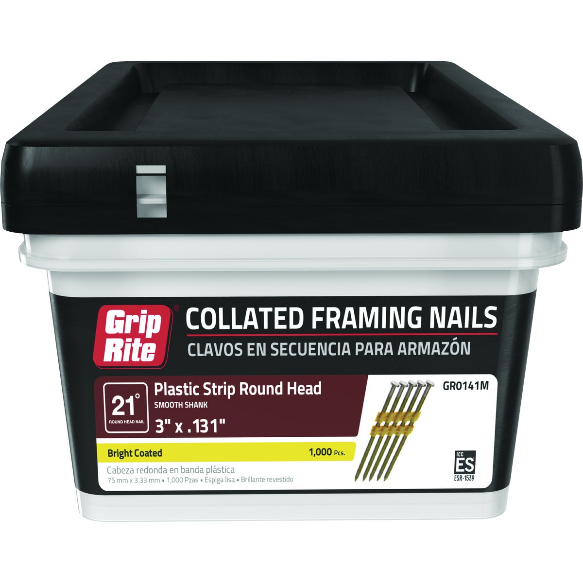 Grip-Rite 3 In. x 0.131 In. 21 Deg. Bright Coated Round Head Smooth Shank Plastic Strip Collated Framing Nail (1000-Count) Image 1