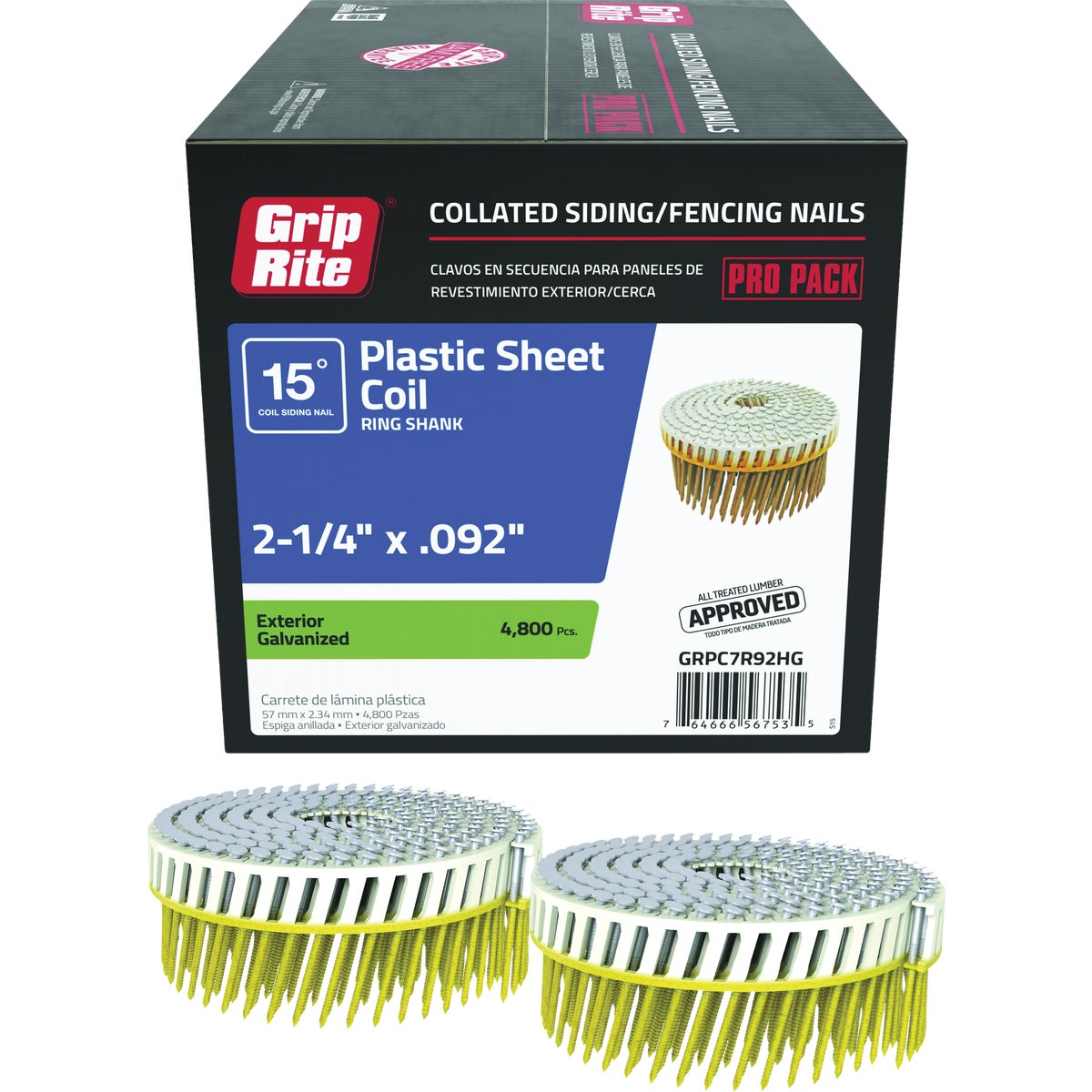 Grip-Rite 2-1/4 In. x .092 In. 15 Deg. Ring Shank Hot Dipped Galvanized Full Round Head Plastic Strip Collated Siding Nail (4800-Count)
