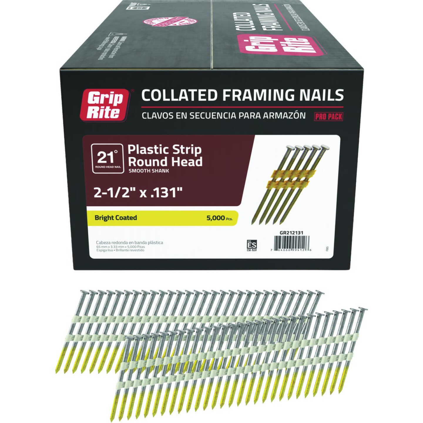 Grip-Rite 2-1/2 In. x 0.131 In. 21 Deg. Bright Coated Round Head Smooth ShankPlastic Strip Collated Framing Nail (5000-Count) Image 1