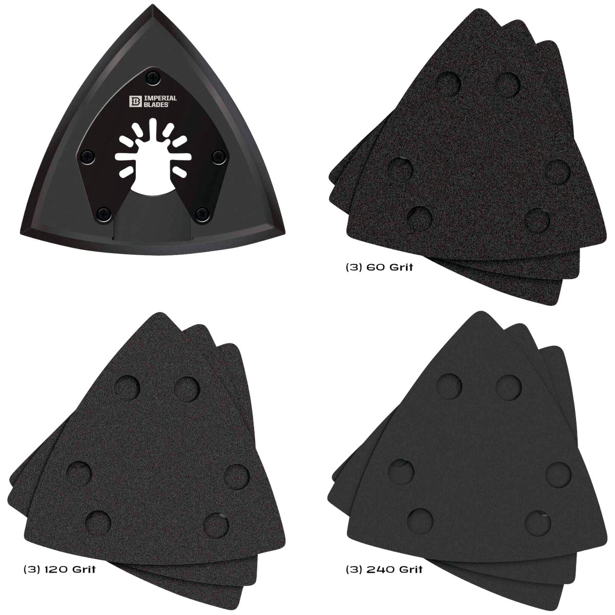 Imperial Blades ONE FIT 60/120/240 Grit Triangle Sandpaper Variety Pack with Sanding Pad (10-Pack)