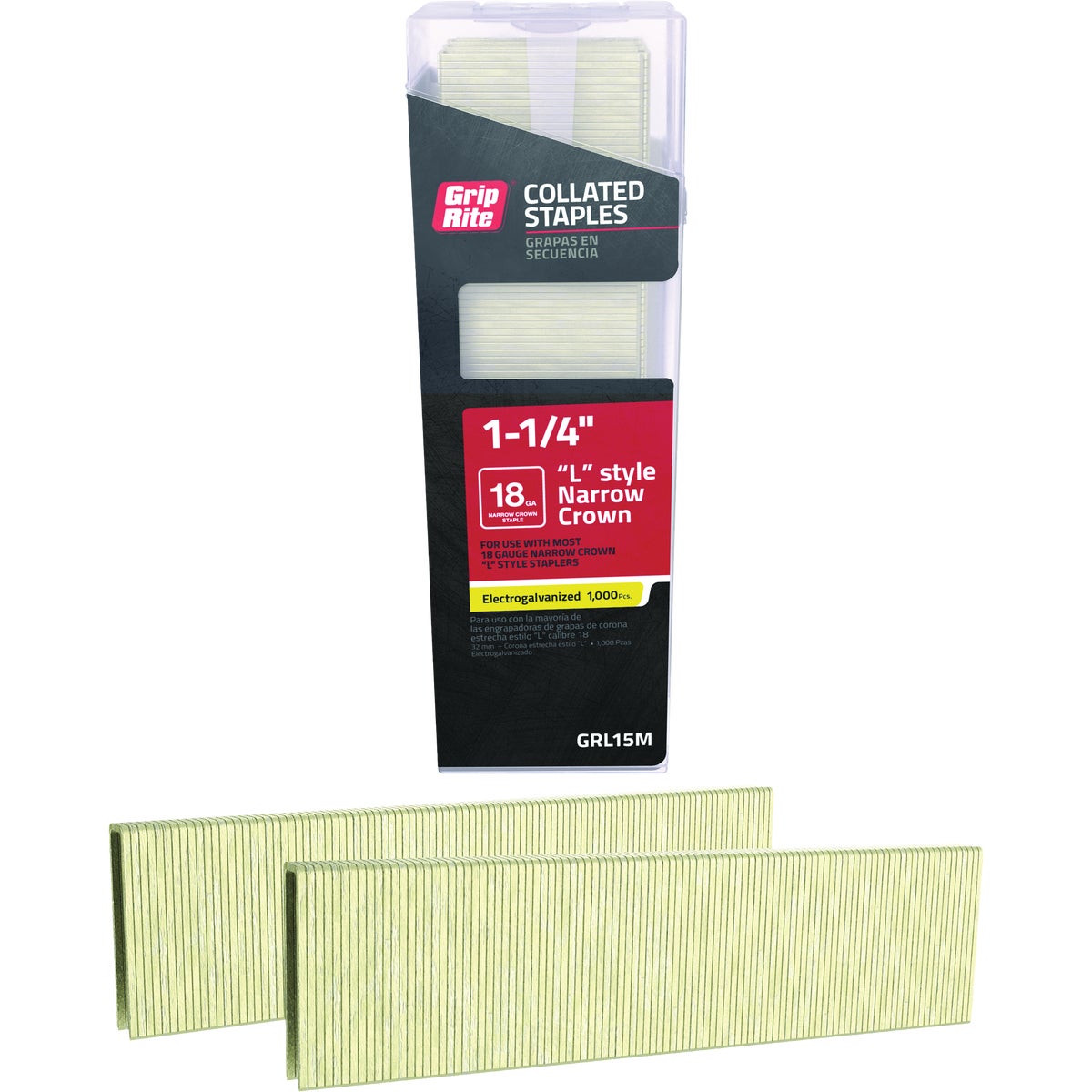 Grip-Rite 1/4 In. x 1-1/4 In. 18 ga Electrogalvanized L-Style Collated Narrow Crown Staple (1000-Count) Image 1