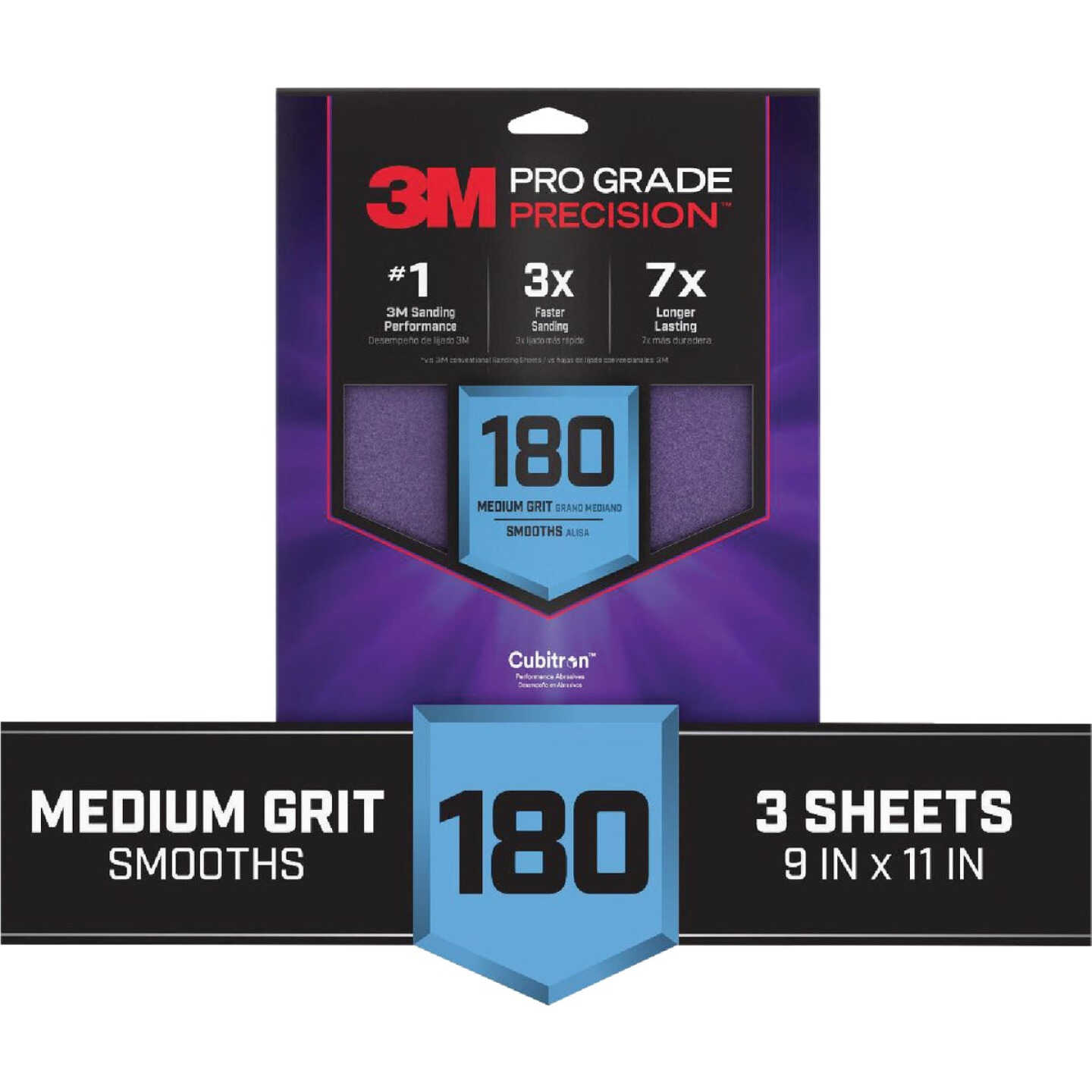 3M Pro Grade Precision 9 In. x 11 In. 180 Grit Sandpaper Sheet with No-Slip Grip Backing (3-Pack) Image 1