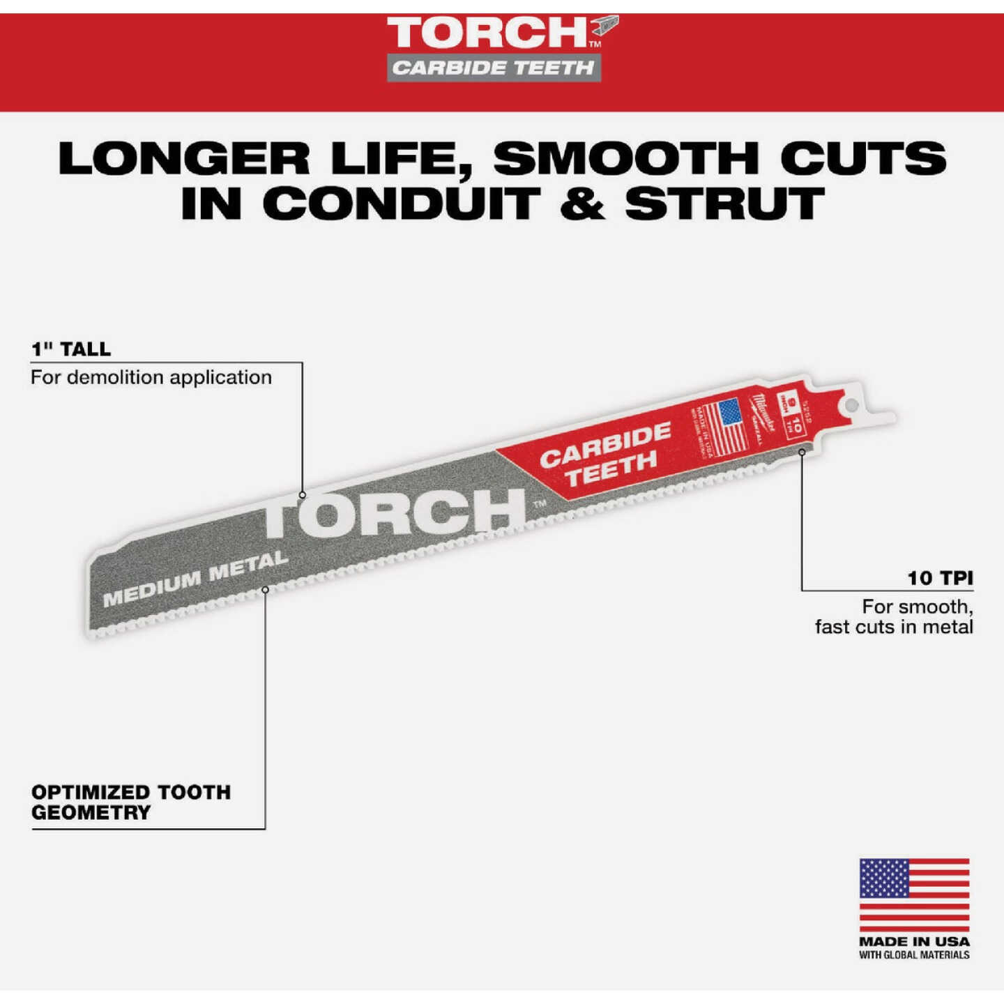 Milwaukee SAWZALL TORCH 9 In. 10 TPI Carbide Medium Metal Reciprocating Saw Blade Image 2