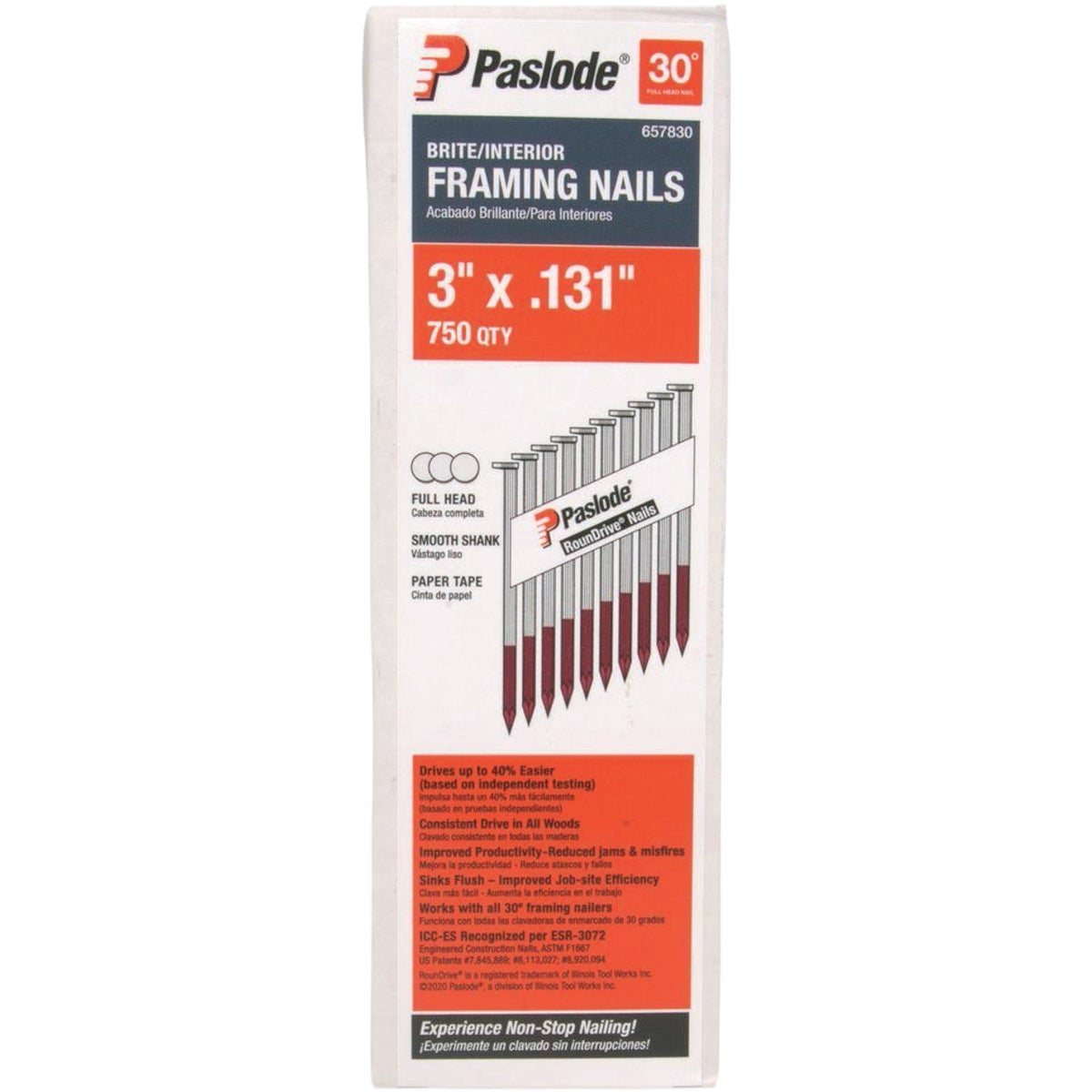Paslode 3 In. x 0.131 In. 30 Deg. Paper Tape Smooth Shank Offset Roundrive Brite Collated Framing Nails (750-Count)