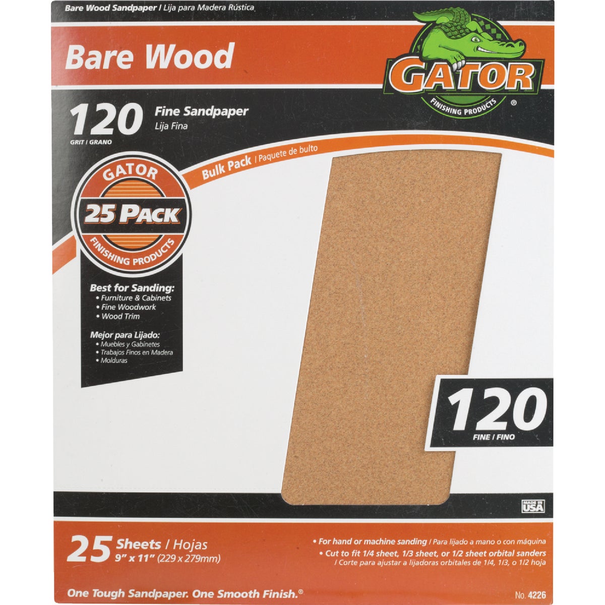 Gator Blade Bare Wood 9 In. x 11 In. 120 Grit Fine Sandpaper (25-Pack)