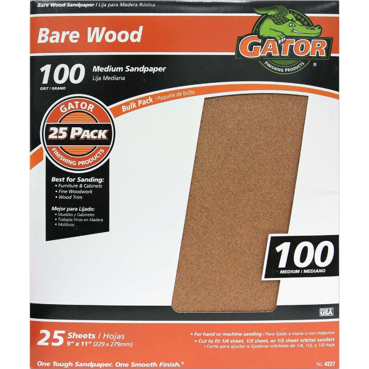 Gator Blade Bare Wood 9 In. x 11 In. 100 Grit Medium Sandpaper (25-Pack)