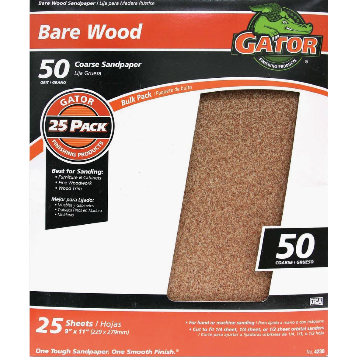 Gator Blade Bare Wood 9 In. x 11 In. 50 Grit Coarse Sandpaper (25-Pack)