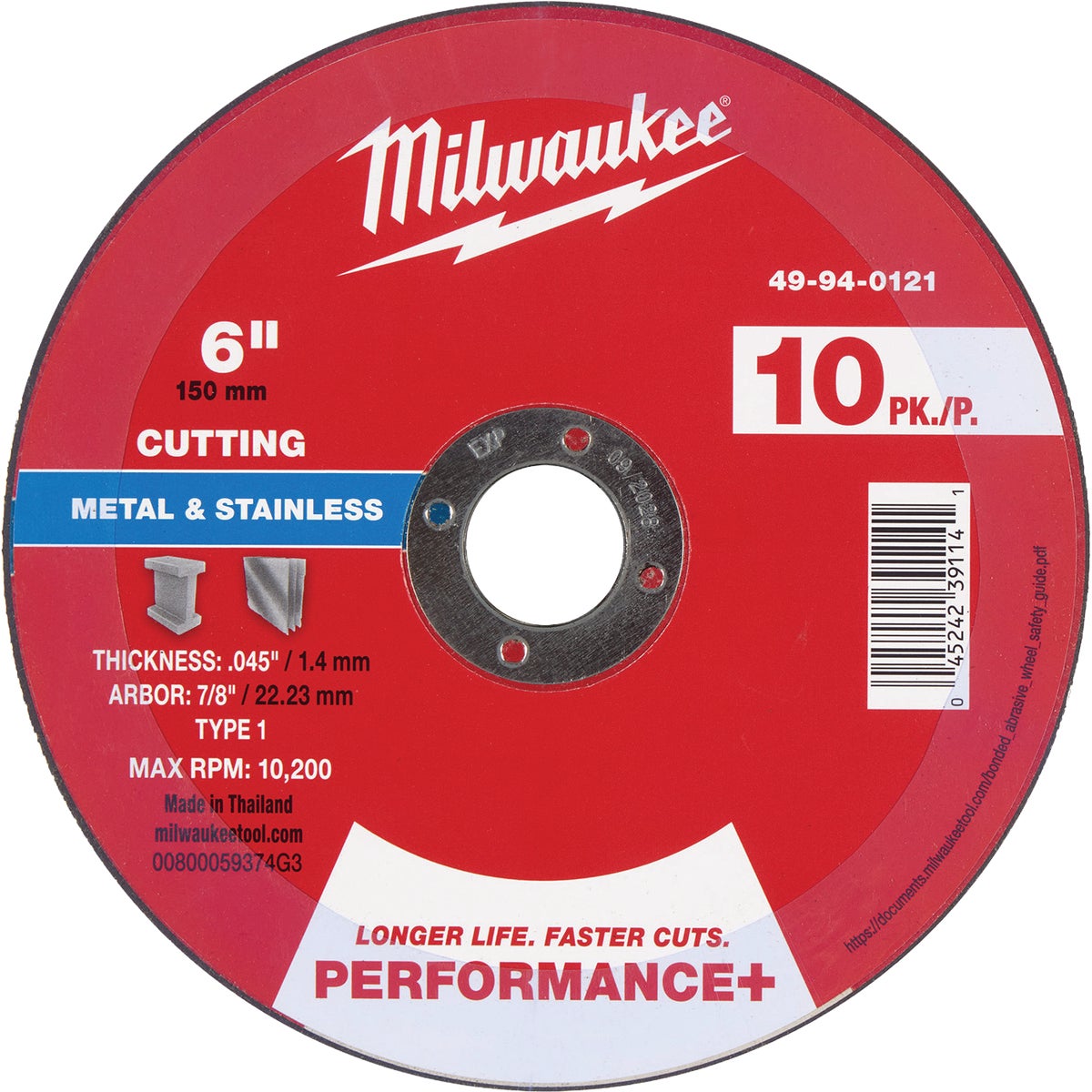 Milwaukee Type 1 6 In. x 0.045 In. x 7/8 In. Performance+ Metal Cut Off Wheel