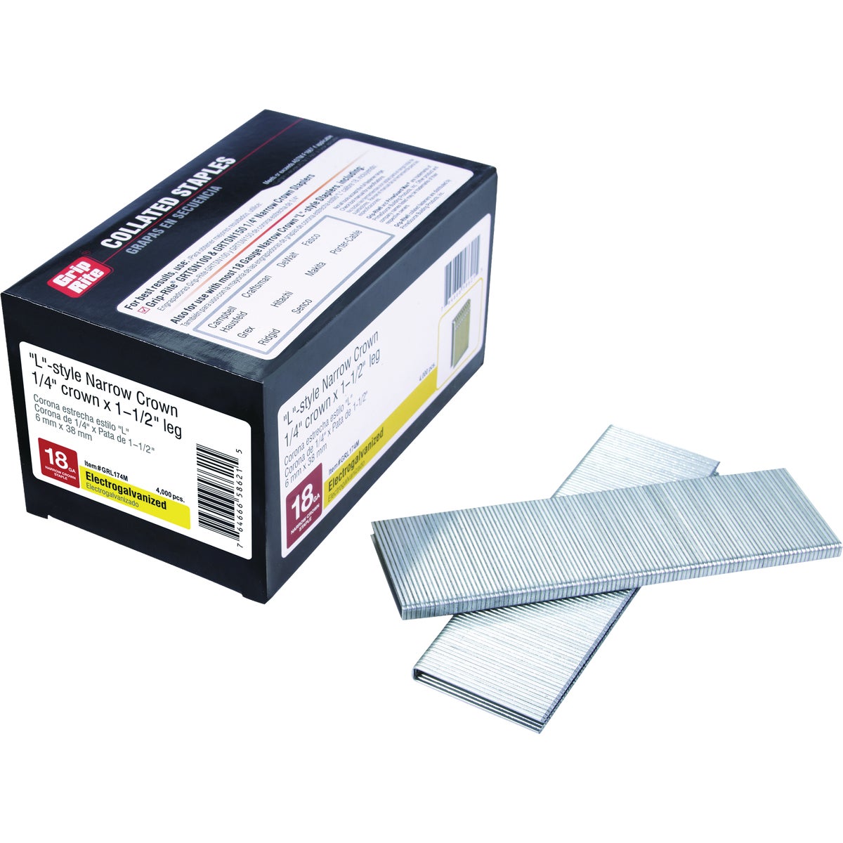 Grip-Rite 1/4 In. x 1-1/2 In. 18 ga Electrogalvanized L-Style Collated Narrow Crown Staple (4000-Count) Image 1