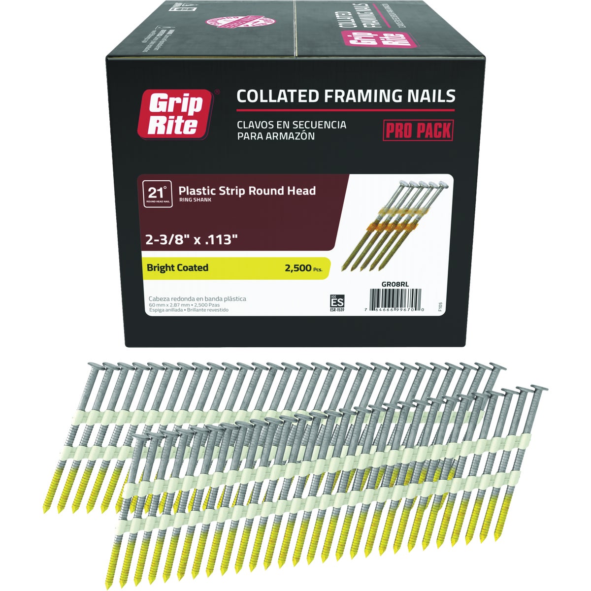 Grip-Rite 2-3/8 In. x 0.113 In. 21 Deg. Bright Coated Round Head Ring Shank Plastic Strip Collated Framing Nail (2500-Count) Image 1