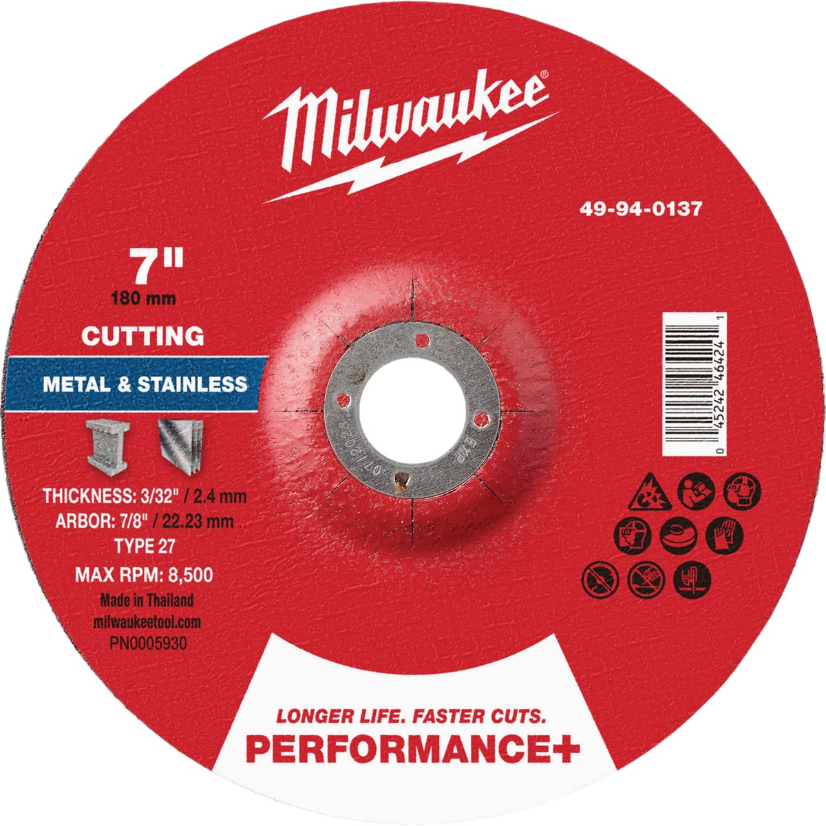 Milwaukee Type 27 7 In. x 3/32 In. x 7/8 In. Performance-Plus Metal Cut-Off Wheel