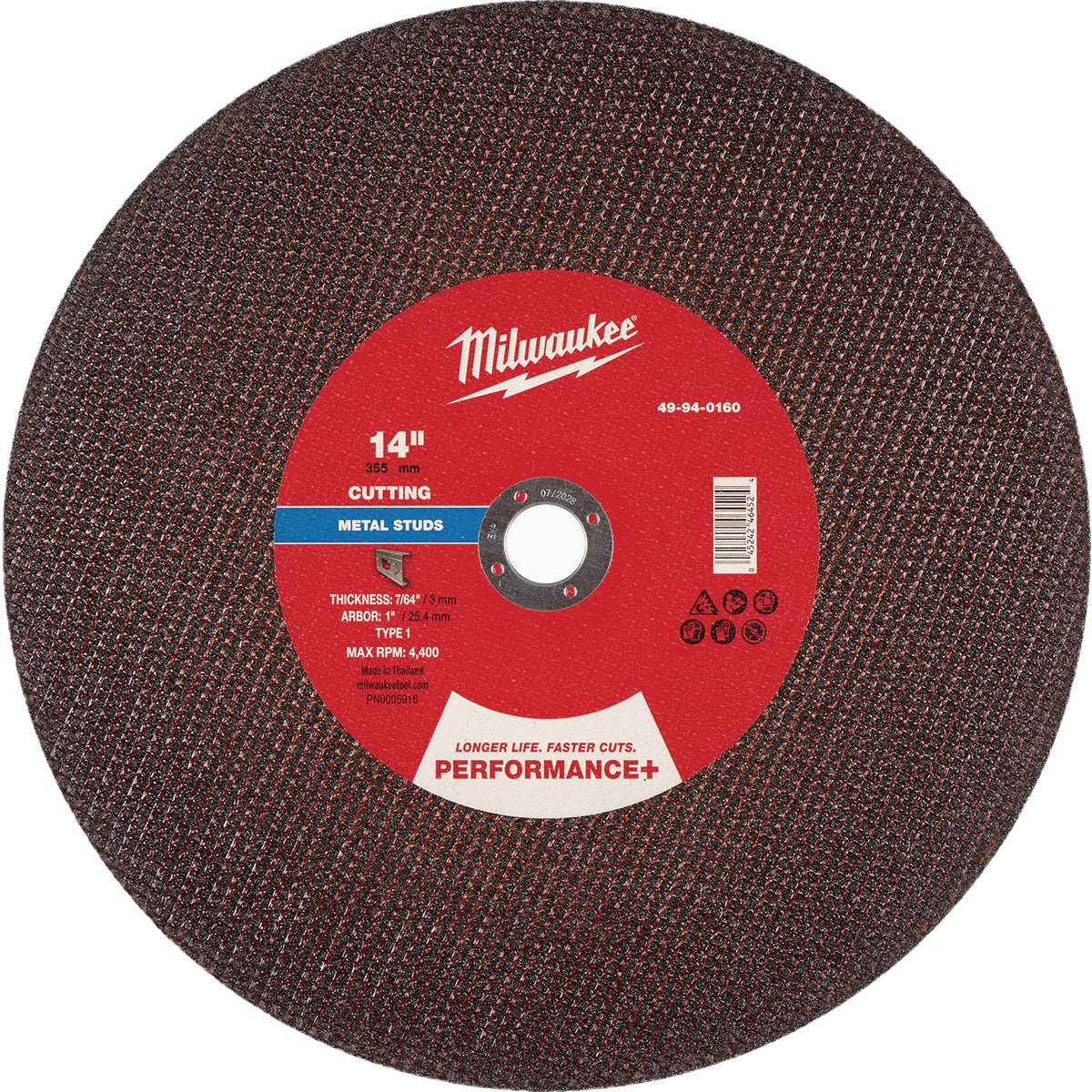 Milwaukee Type 1 14 In. x 7/64 In. x 1 In. Performance-Plus Stud Cutter Metal Cut-Off Wheel