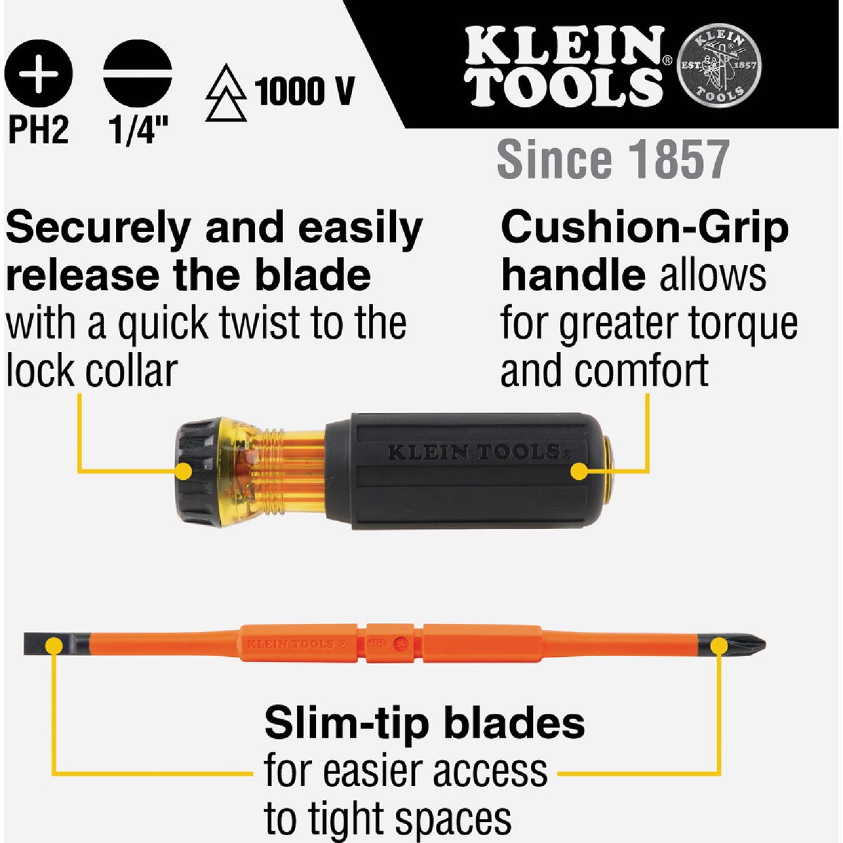 Klein 2-in-1 Flip-Blade Insulated Multi-Bit Screwdriver Image 2