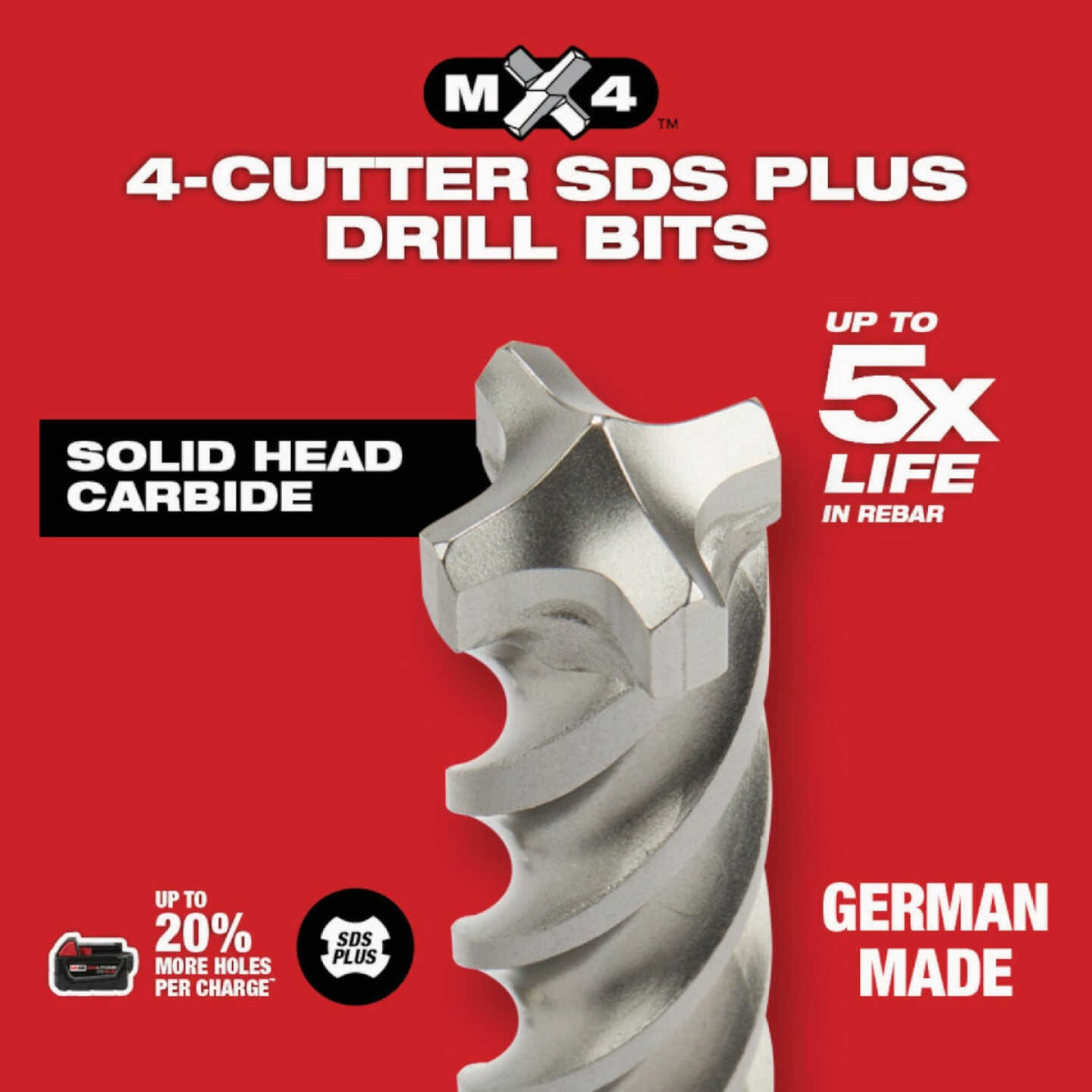 Milwaukee MX4 SDS-PLUS 4-Cutter Rotary Hammer Drill Bit Set (5-Piece) Image 6