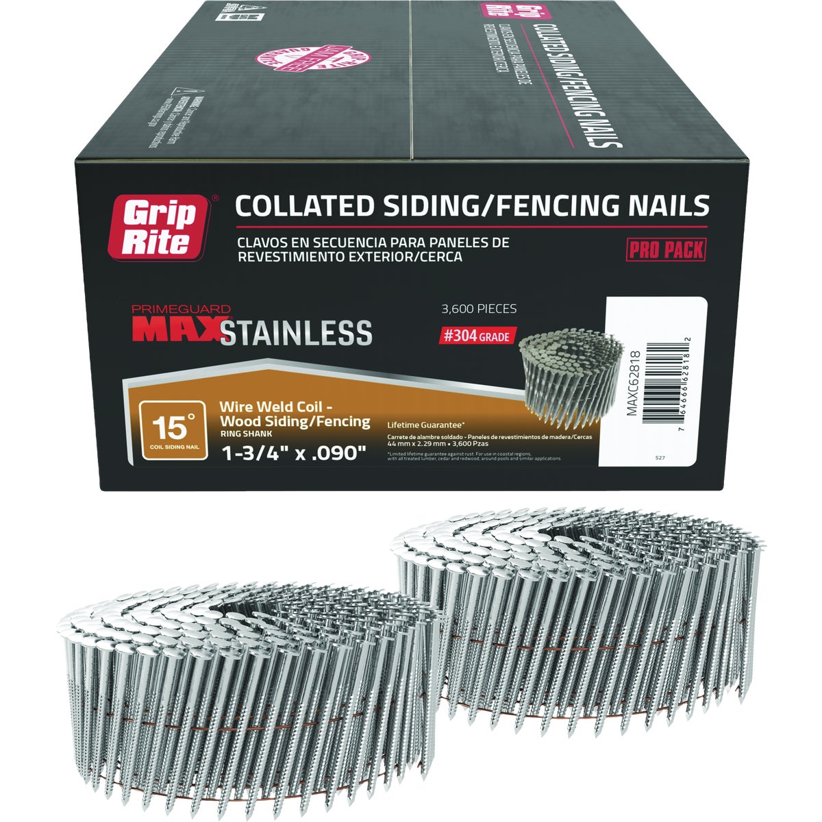 Grip-Rite 1-3/4 In. x 0.090 In. 15 Deg. #304 Stainless Steel Ring Shank Checkered Head Wire Weld Collated Siding Nail (3600-Count) Image 1