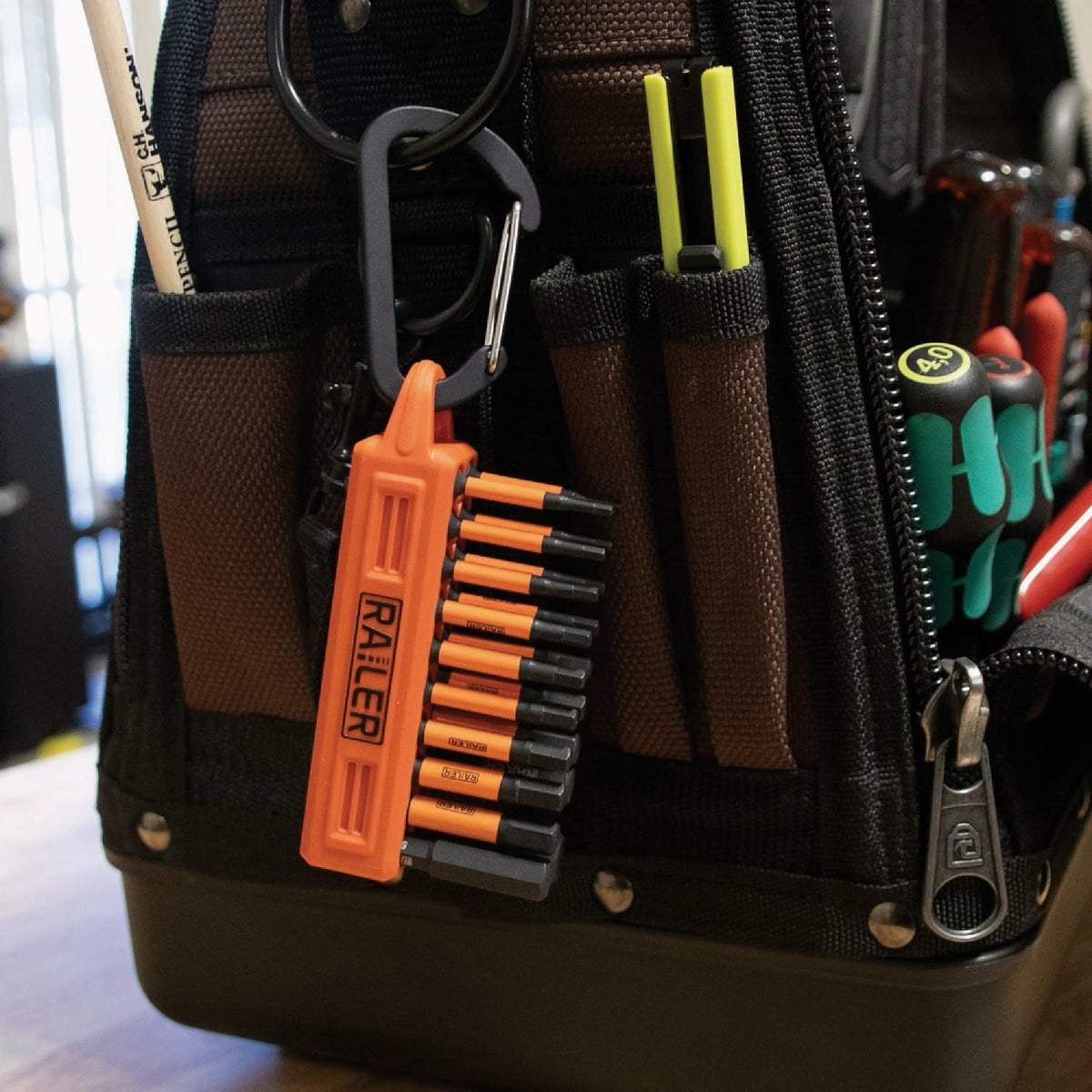 Railer 20-Hole Mega Bitrail Orange Bit Holder with Carabiner Image 3
