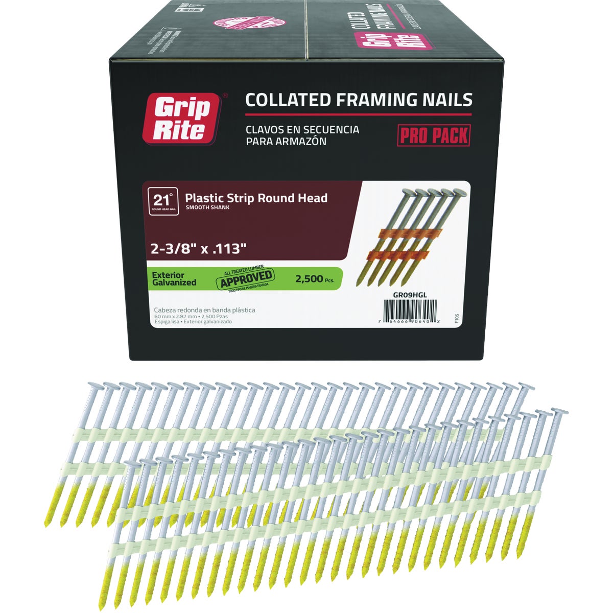 Grip-Rite 2-3/8 In. x 0.113 In. 21 Deg. Hot Galvanized Round Head Smooth Shank Plastic Strip Collated Framing Nail (2500-Count) Image 1