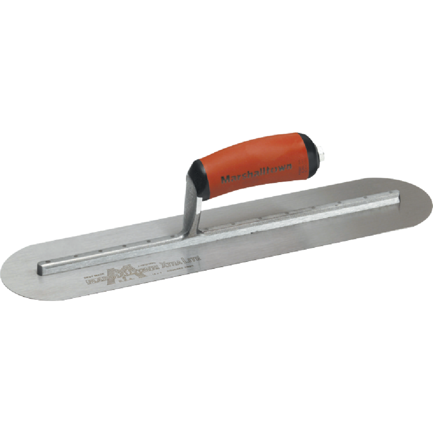 Marshalltown 4 In. x 16 In. High Carbon Steel Fully Rounded Finishing Trowel with Curved DuraSoft Handle Image 1