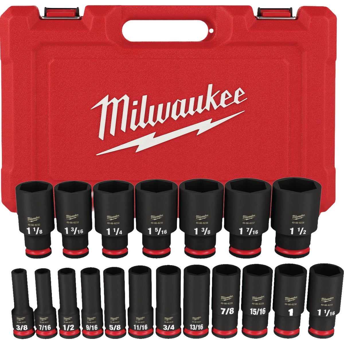 Milwaukee SHOCKWAVE Standard 1/2 In. Drive 6-Point Deep Impact Socket Set (19-Piece)
