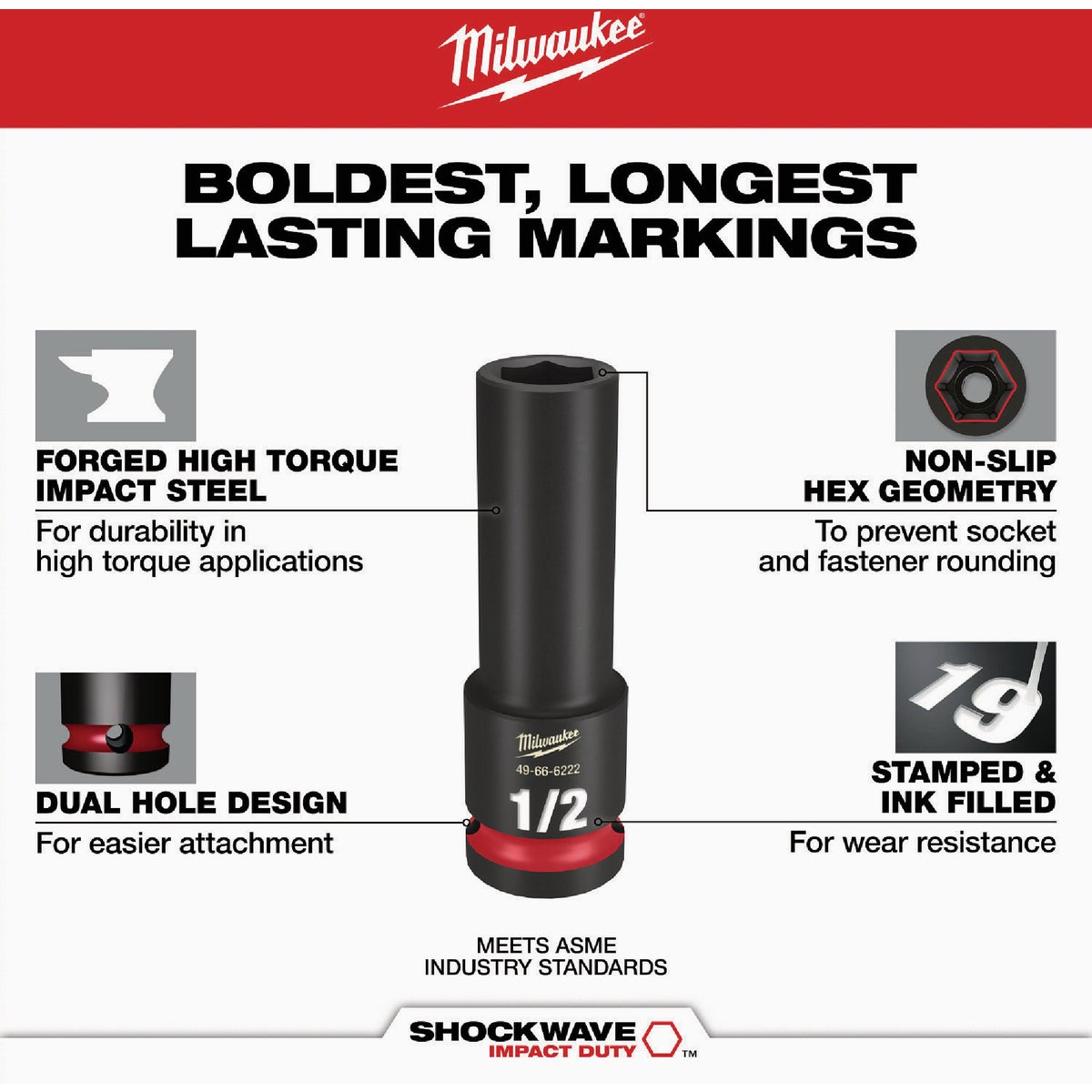 Milwaukee SHOCKWAVE Standard 1/2 In. Drive 6-Point Deep Impact Socket Set (19-Piece) Image 4