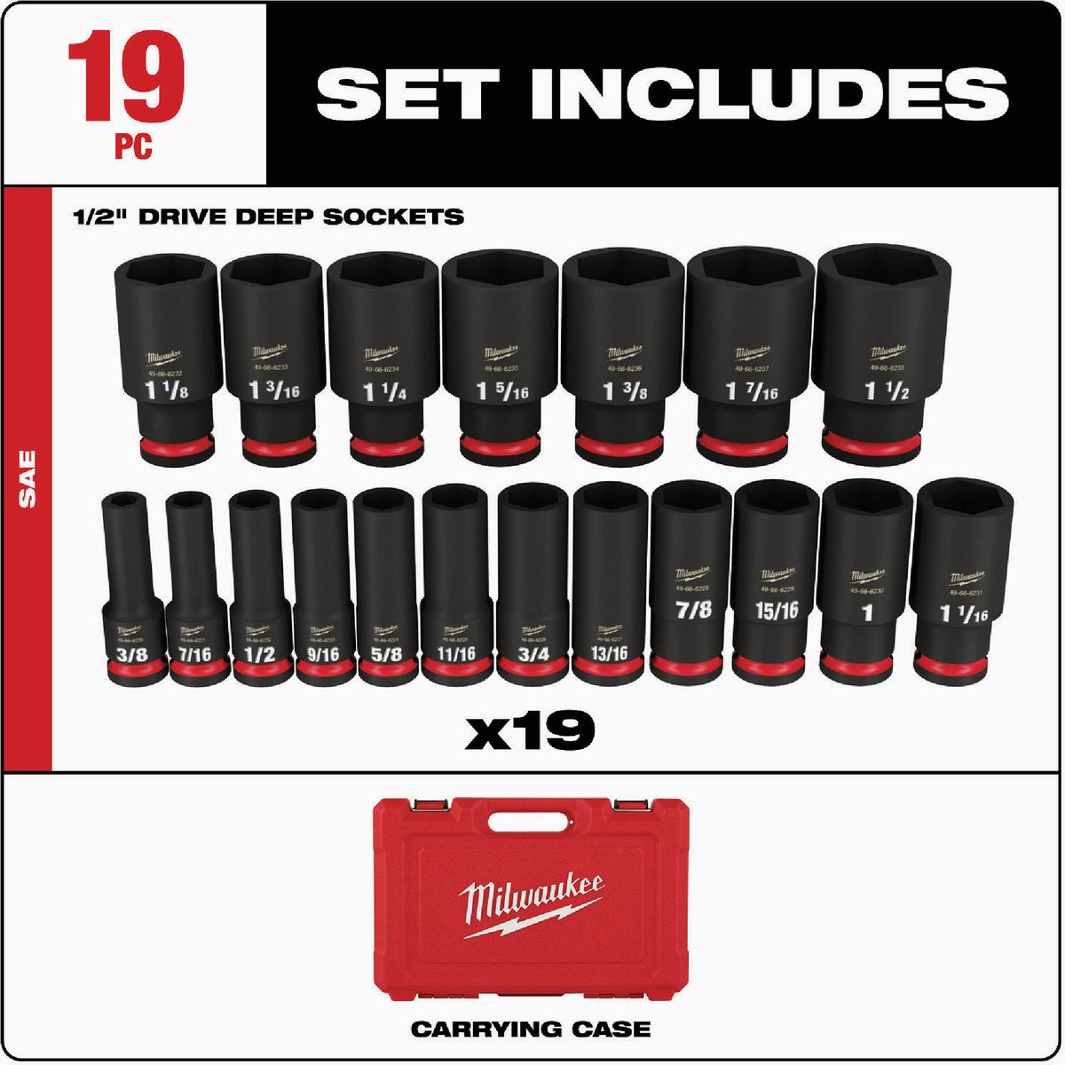 Milwaukee SHOCKWAVE Standard 1/2 In. Drive 6-Point Deep Impact Socket Set (19-Piece) Image 3