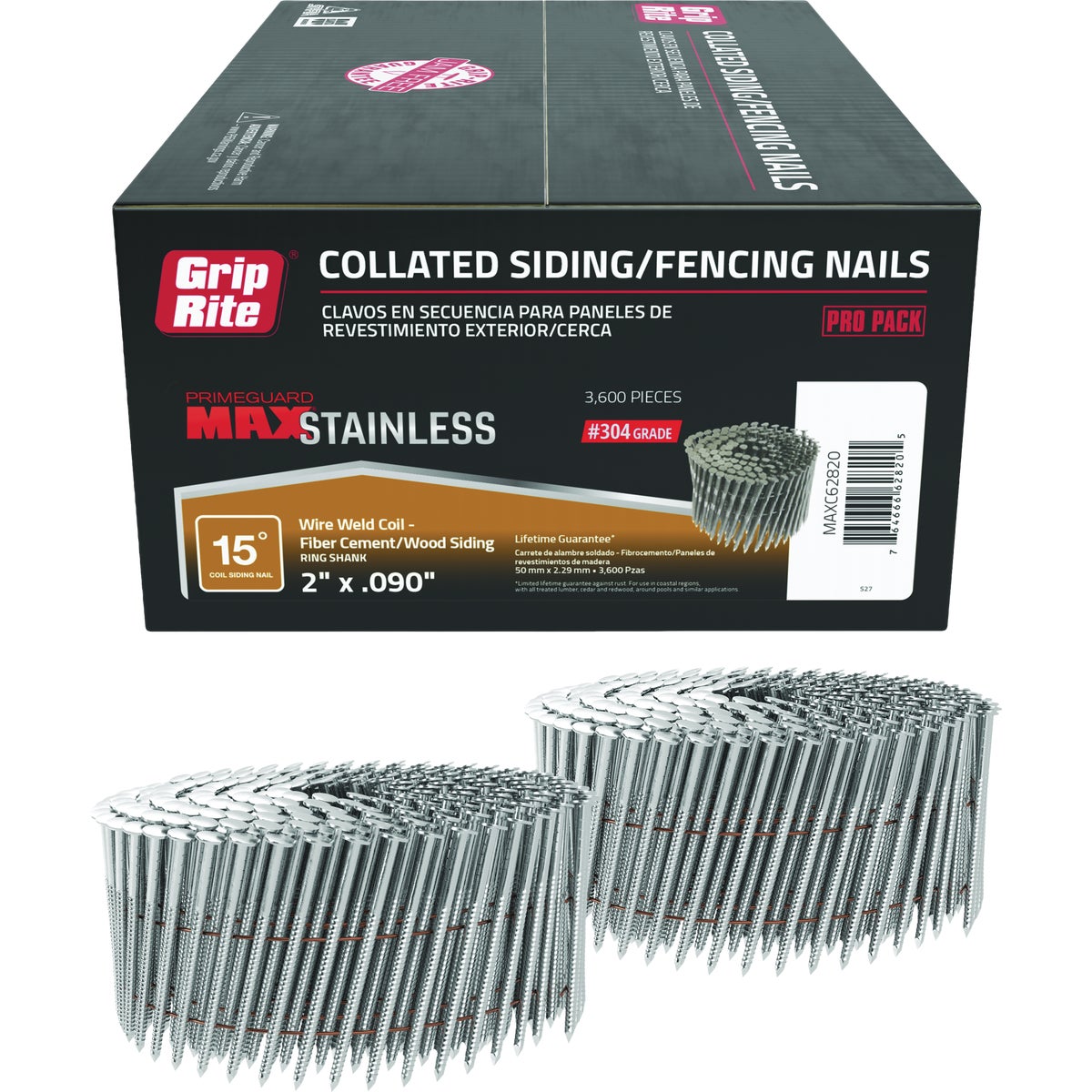 Grip-Rite 2 In. x 0.090 In. 15 Deg. #304 Stainless Steel Ring Shank Checkered Head Wire Weld Collated Siding Nail (3600-Count) Image 1
