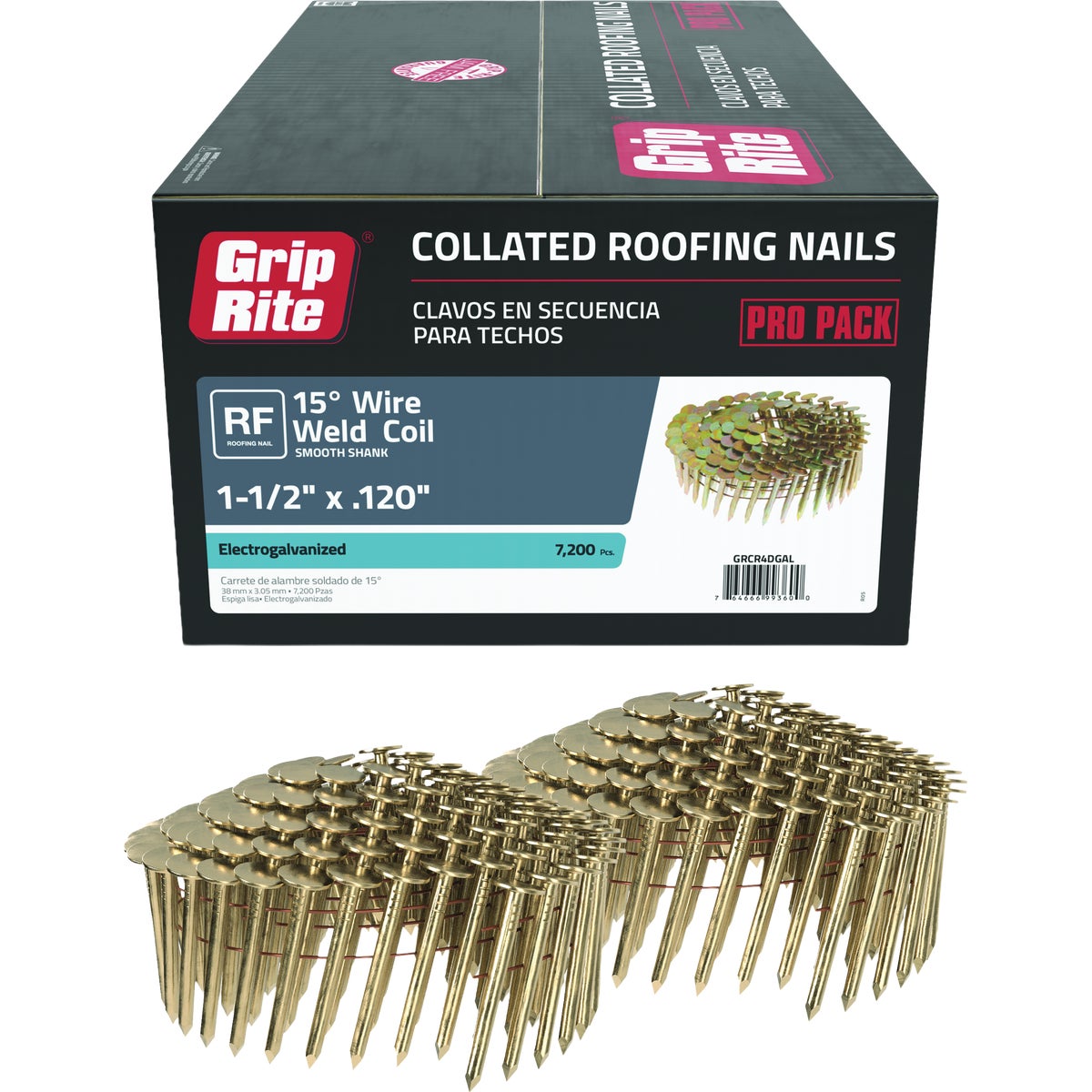 Grip-Rite 1-1/2 In. x 0.120 In. 15 Deg. Electrogalvanized Full Round Head Smooth Shank Wire Coil Collated Roofing Nail (7200-Count) Image 1