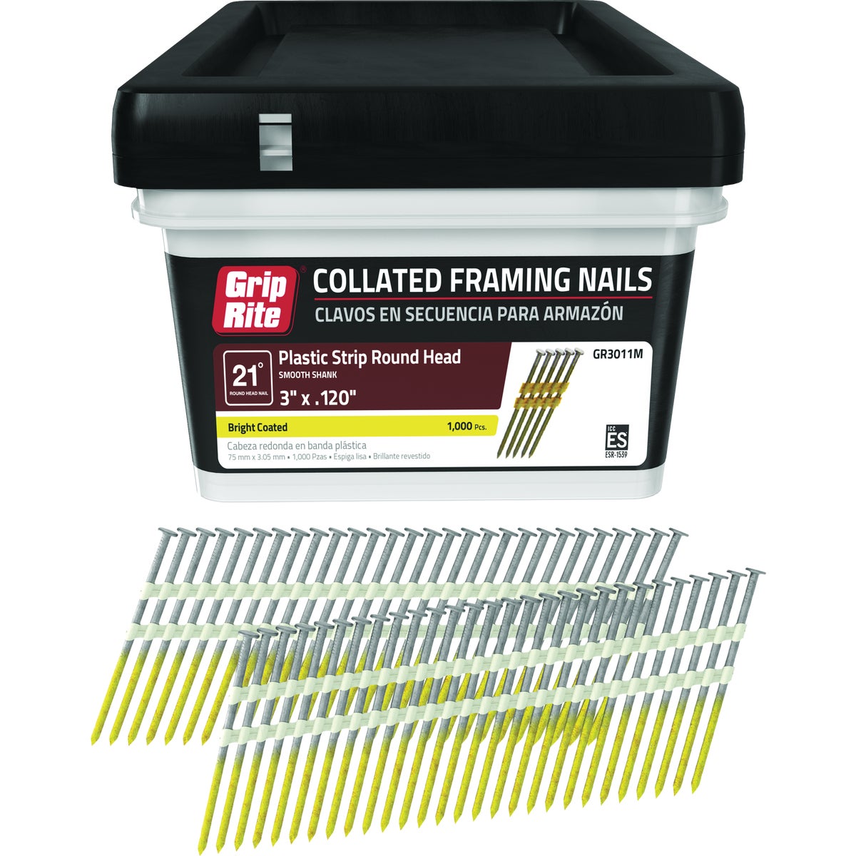 Grip-Rite 3 In. x 0.120 In. 21 Deg. Bright Coated Round Head Smooth Shank Plastic Strip Collated Framing Nail (1000-Count) Image 1