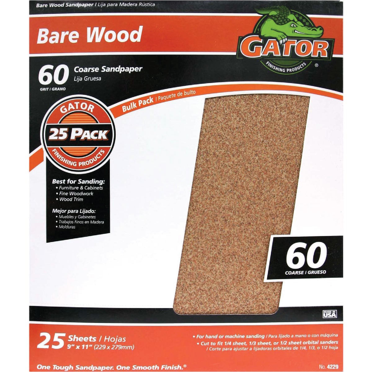 Gator Blade Bare Wood 9 In. x 11 In. 60 Grit Coarse Sandpaper (25-Pack)