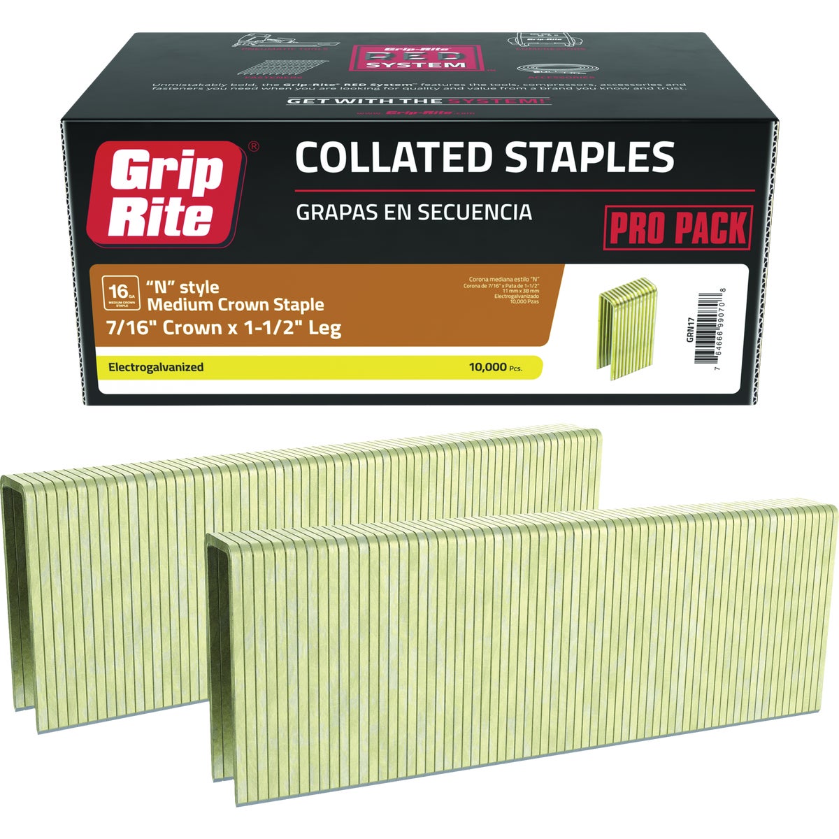 Grip-Rite 7/16 In. x 1-1/2 In. 16 ga Electrogalvanized N-Style Collated Medium Crown Staple (10,000-Count)