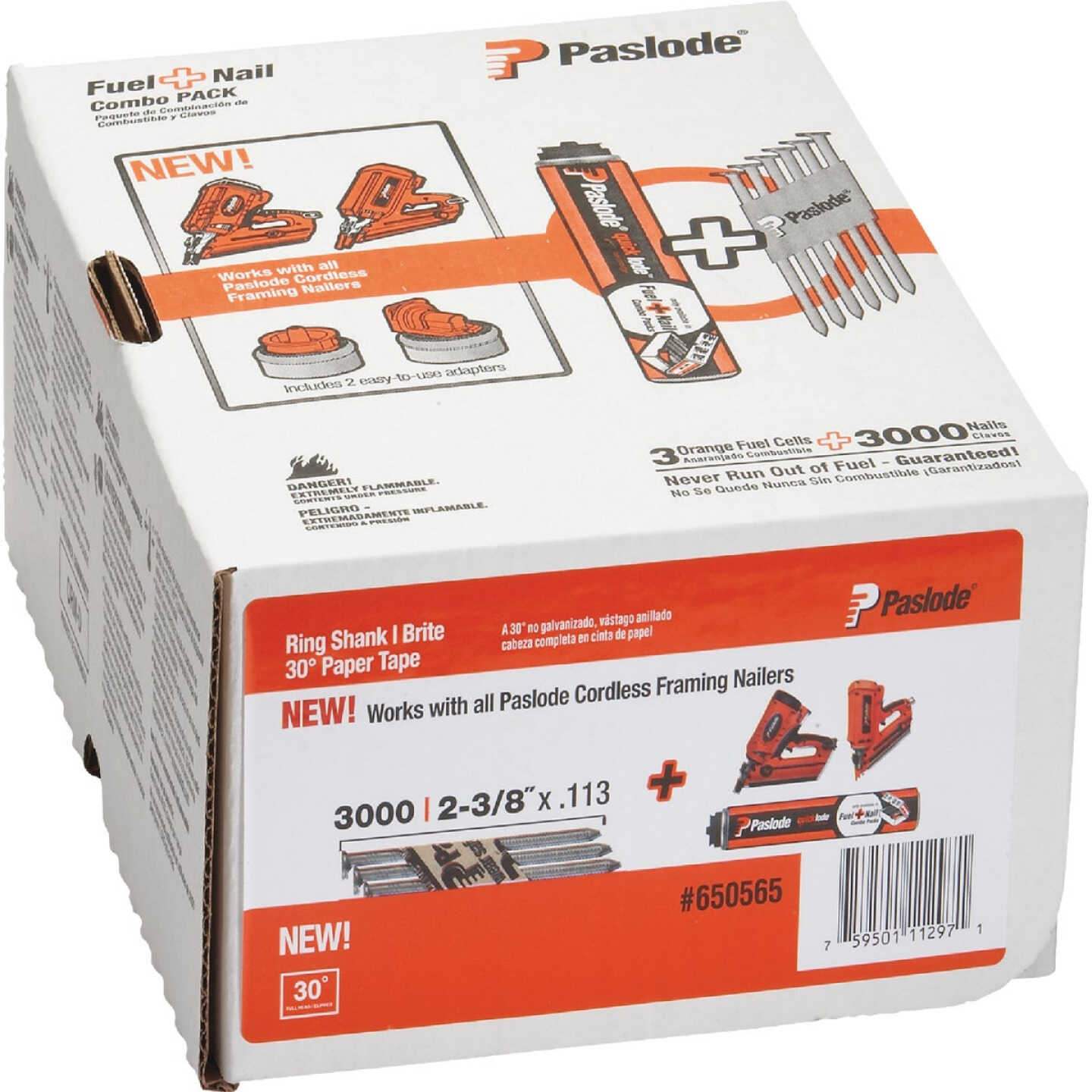 Paslode 2-3/8 In. x 0.113 In. 30 Degree Paper Tape Brite Ring Shank RounDrive Framing Nails with (3) Framing Fuel Cells (3000 Ct.) Image 1