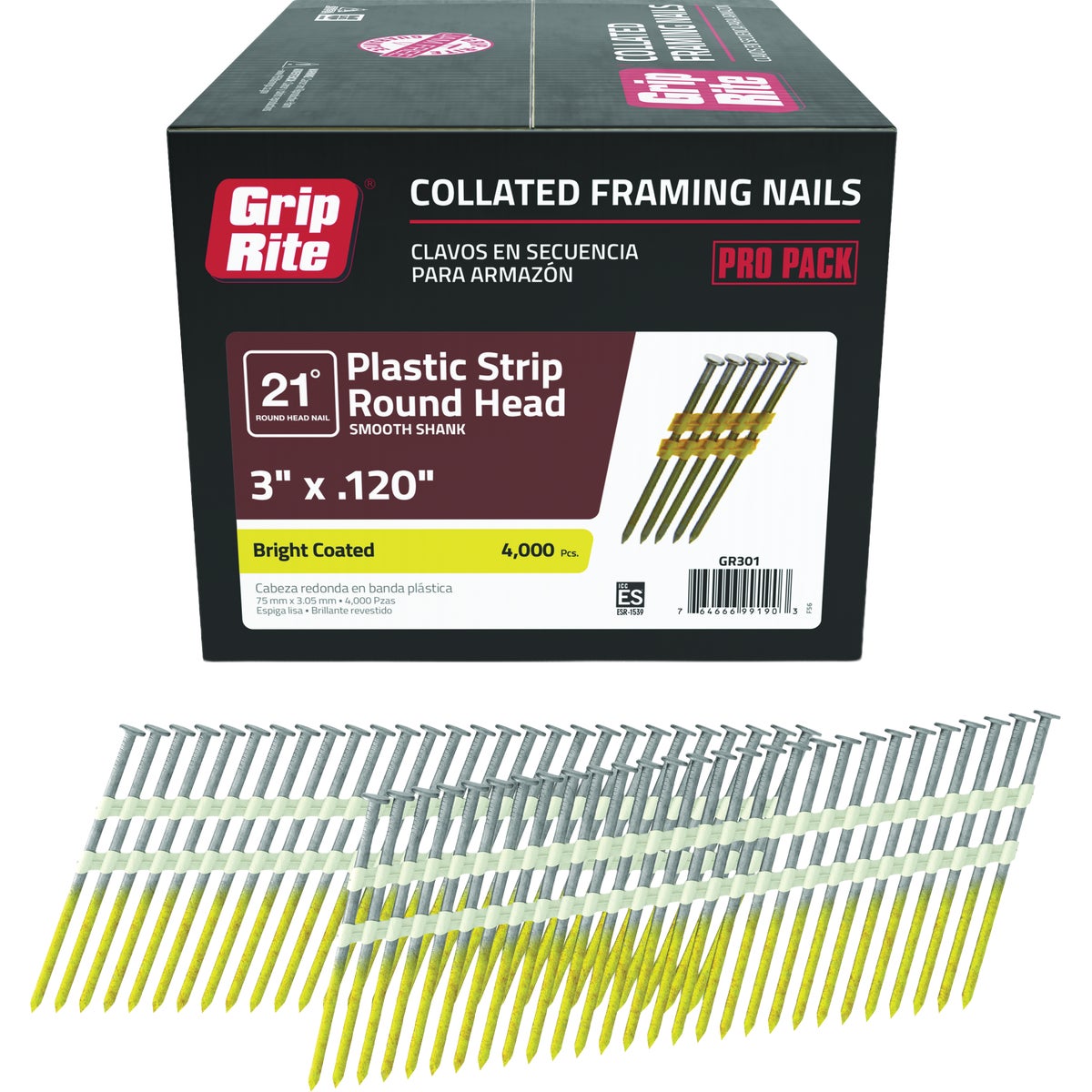 Grip-Rite 3 In. x 0.120 In. 21 Deg. Bright Coated Round Head Smooth Shank Plastic Strip Collated Framing Nail (4000-Count) Image 1