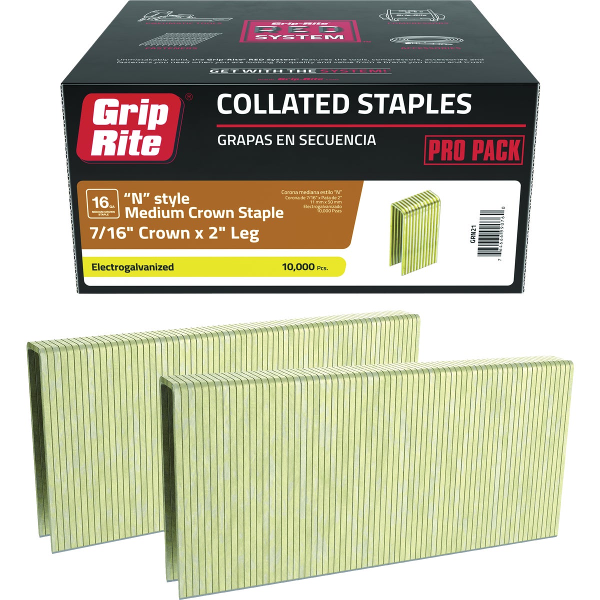 Grip-Rite 7/16 In. x 2 In. 16 ga Electrogalvanized N-Style Collated Medium Crown Staple (10,000-Count) Image 1