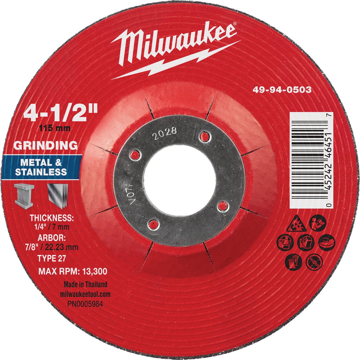 Milwaukee Type 27 4-1/2 In. x 1/4 In. x 7/8 In. Metal Grinding Cut-Off Wheel