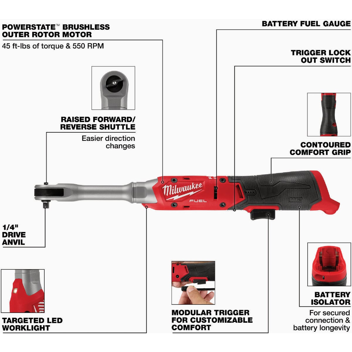 Milwaukee M12 FUEL 1/4 In. Extended Reach Ratchet Image 3