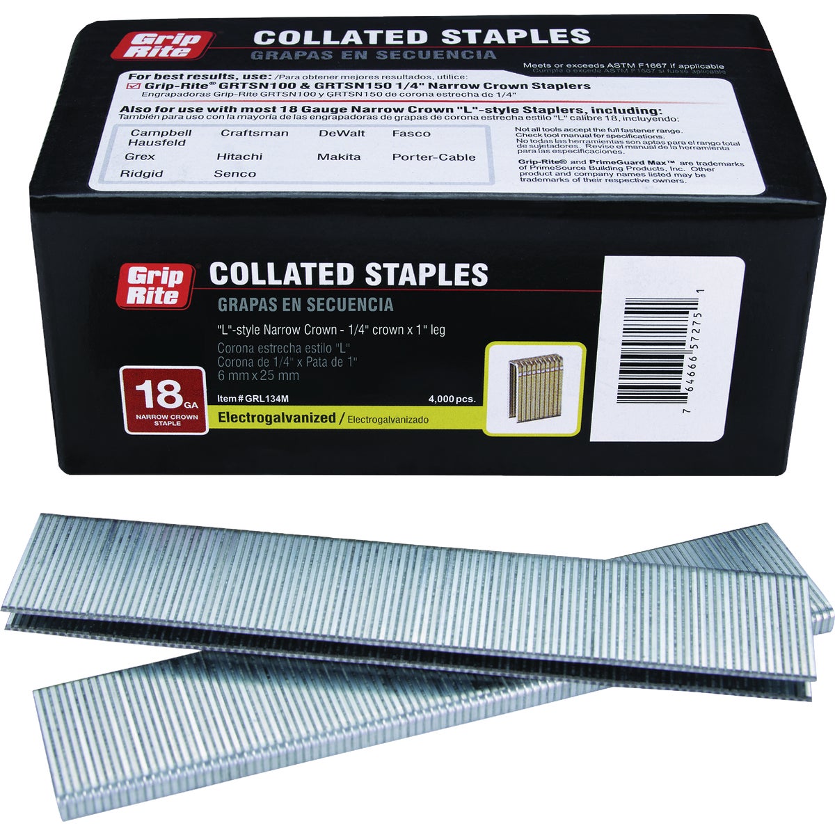 Grip-Rite 1/4 In. x 1 In. 18 ga Electrogalvanized L-Style Collated Narrow Crown Staple (4000-Count) Image 1