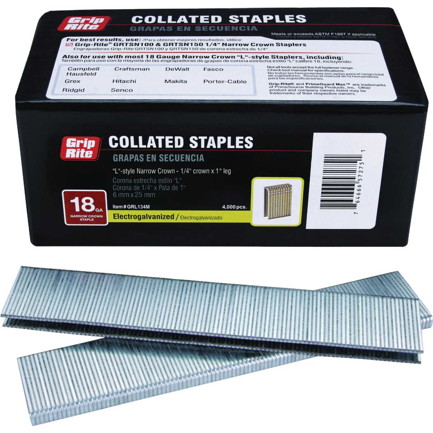 Grip-Rite 1/4 In. x 1 In. 18 ga Electrogalvanized L-Style Collated Narrow Crown Staple (4000-Count) Image 1