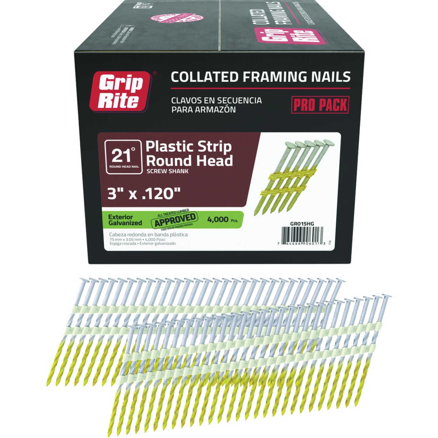 Grip-Rite 3 In. x 0.120 In. 21 Deg. Hot Galvanized Round Head Screw Shank Plastic Strip Collated Framing Nail (4000-Count) Image 1