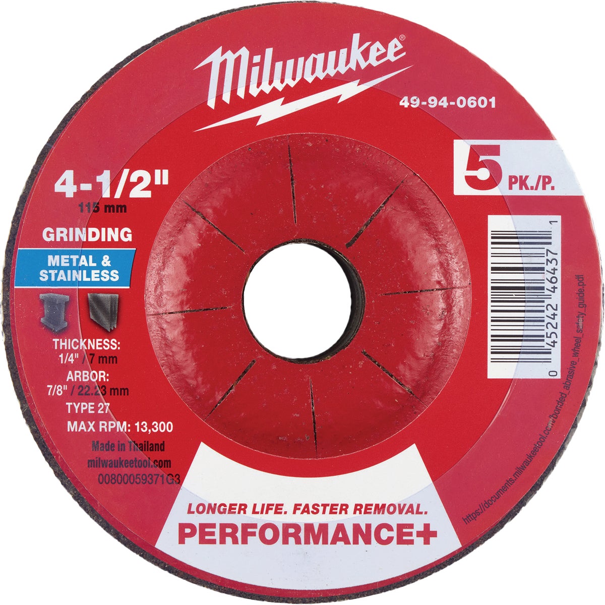 Milwaukee Type 27 4-1/2 In. x 1/4 In. x 7/8 In. Performance-Plus Metal Grinding Cut-Off Wheel (5-Pack)