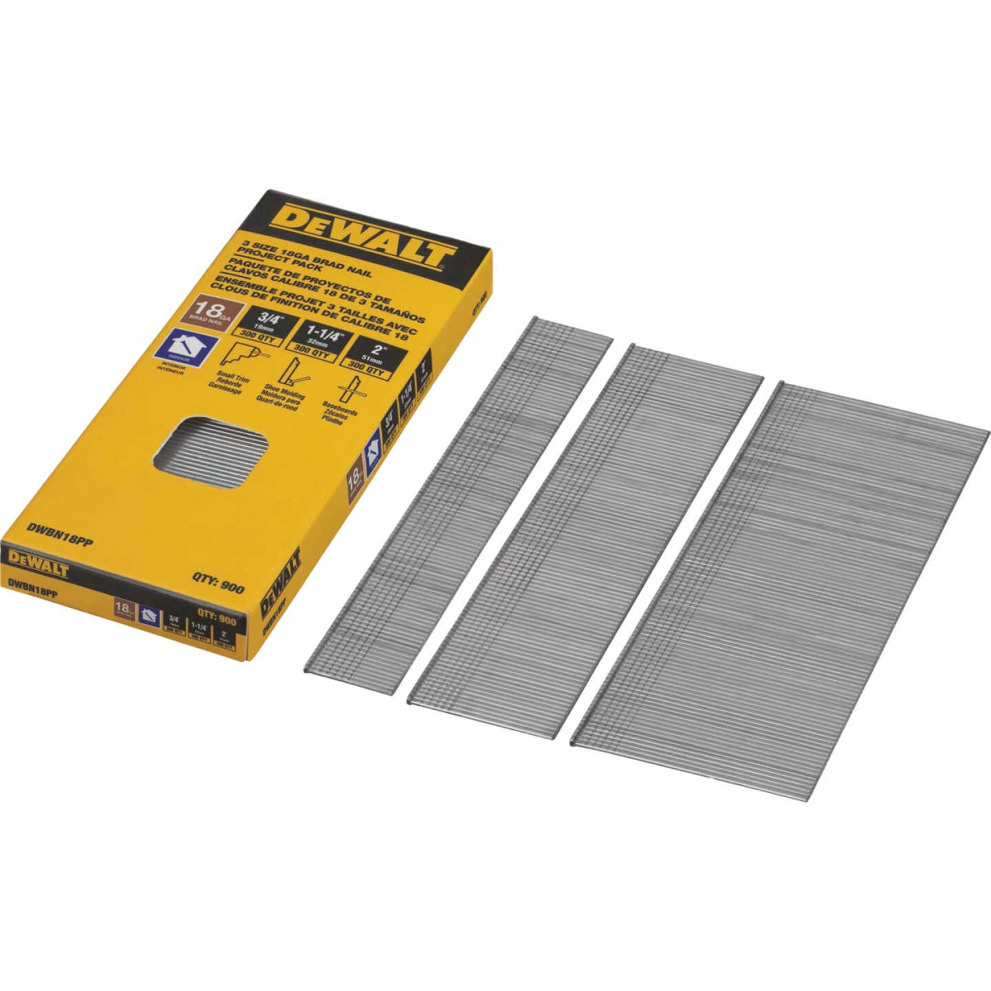 DEWALT 18-Gauge Brad Nail Project Pack, 3/4 In./1-1/4 In./2 In. (900 Ct.) Image 1